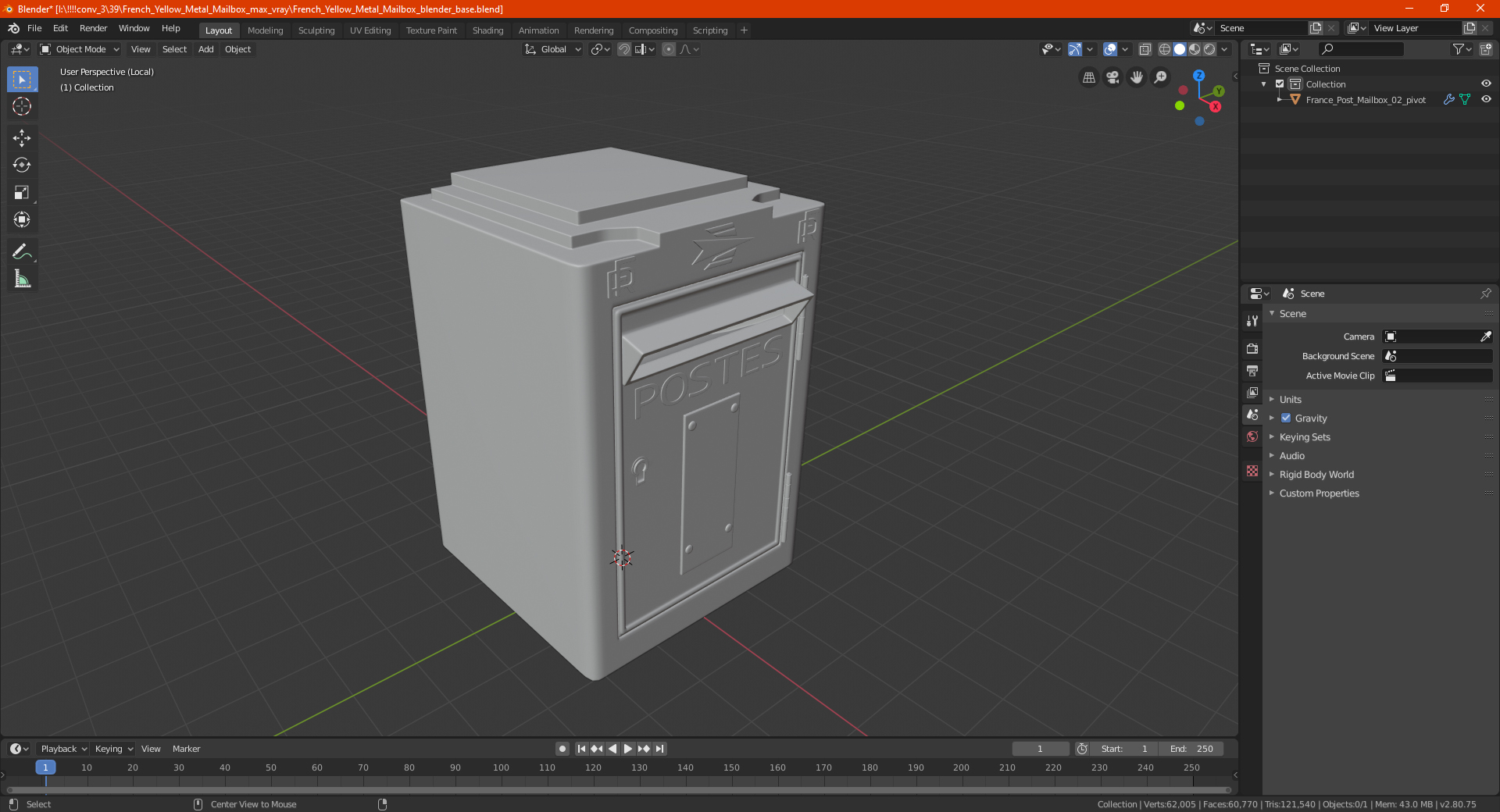 French Yellow Metal Mailbox 3D