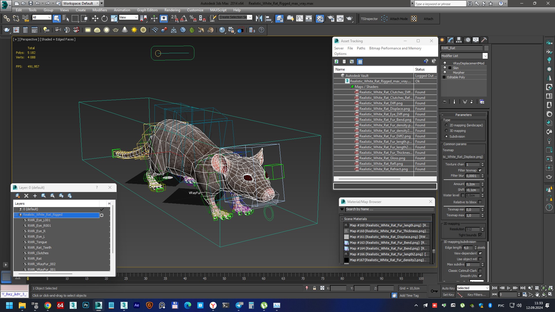 3D model Realistic White Rat with Fur Rigged