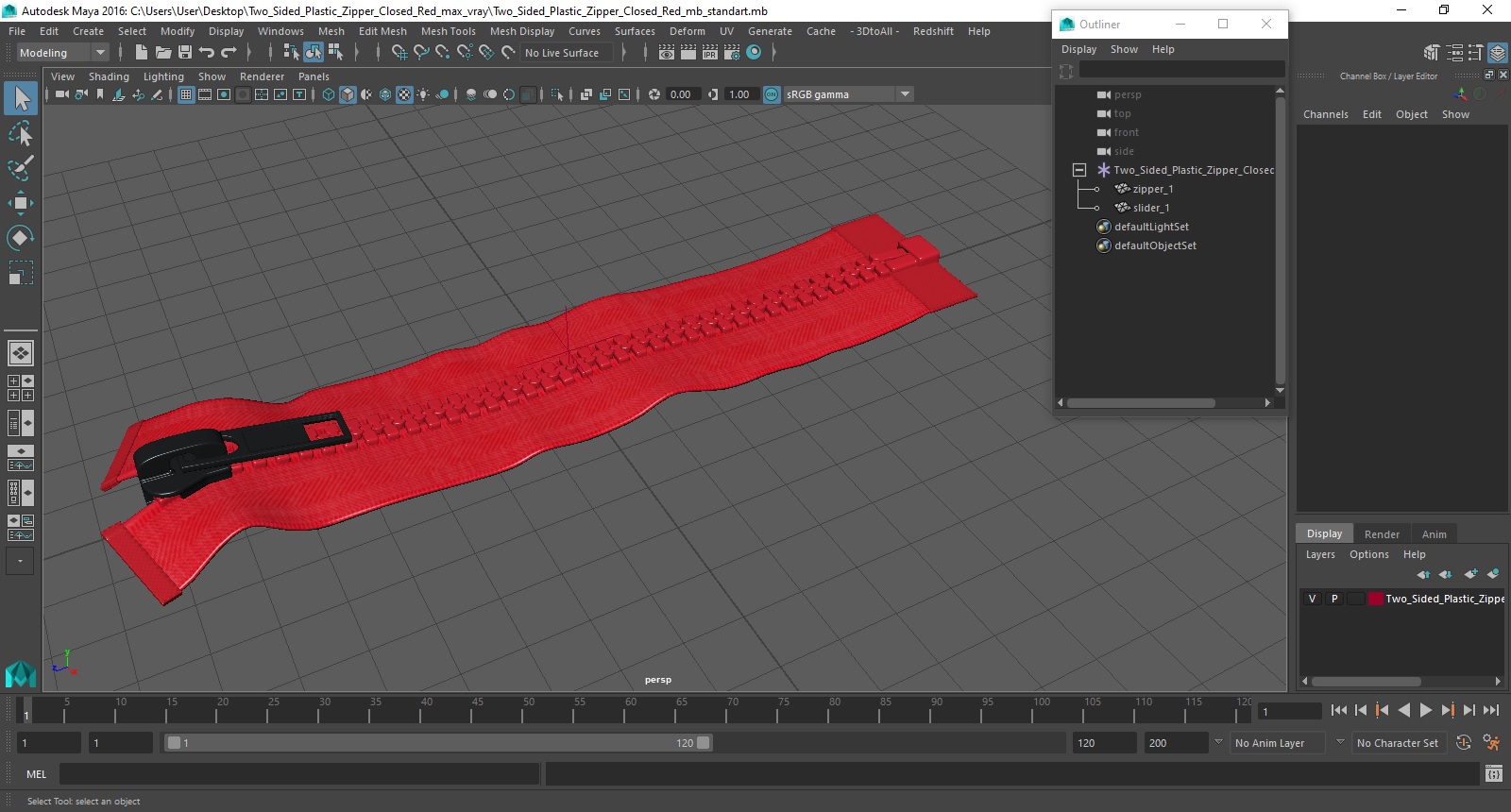 3D model Two Sided Plastic Zipper Closed Red