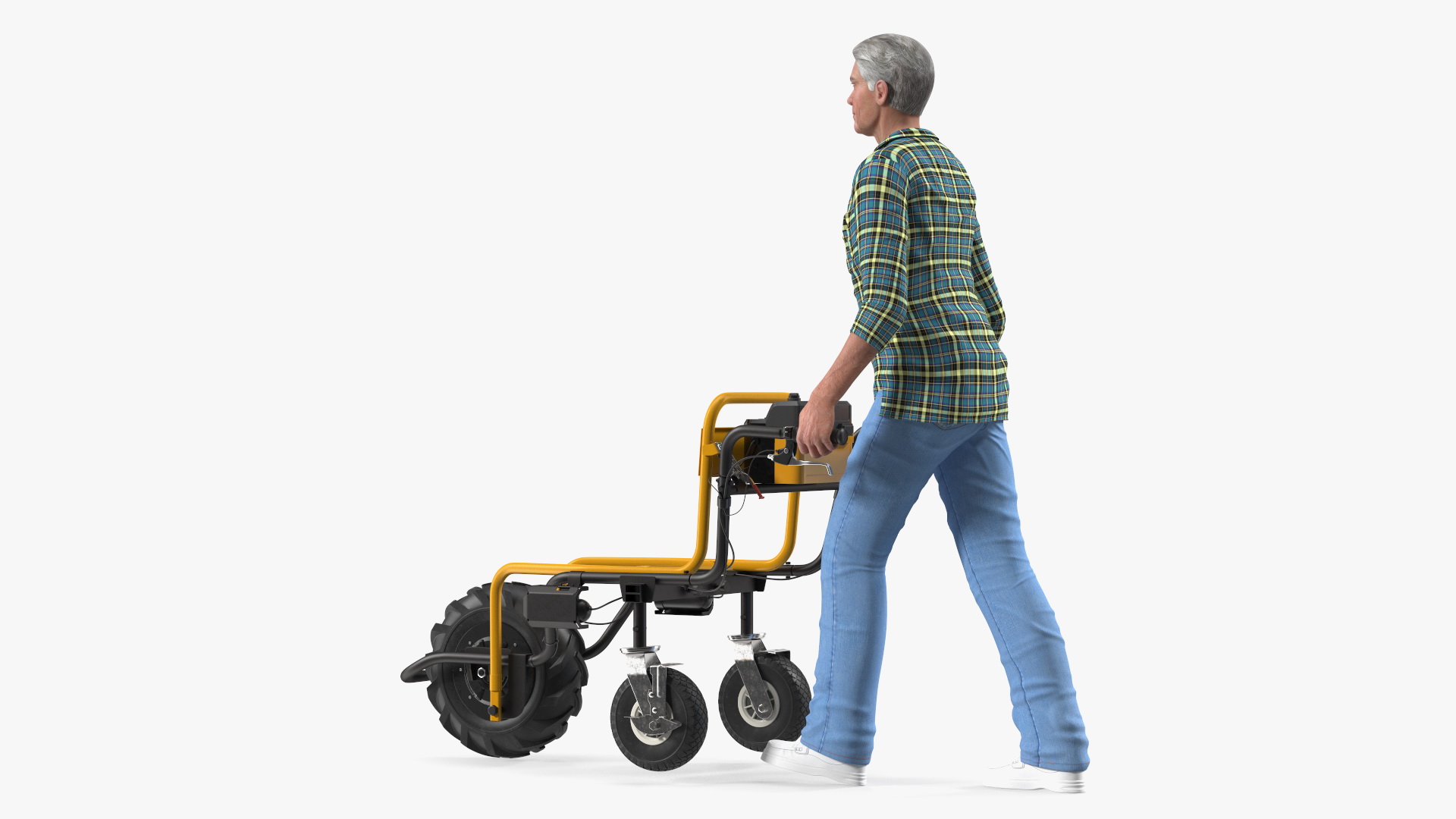 3D model Elderly Man Motorized Electric Wheelbarrow Frame Rigged