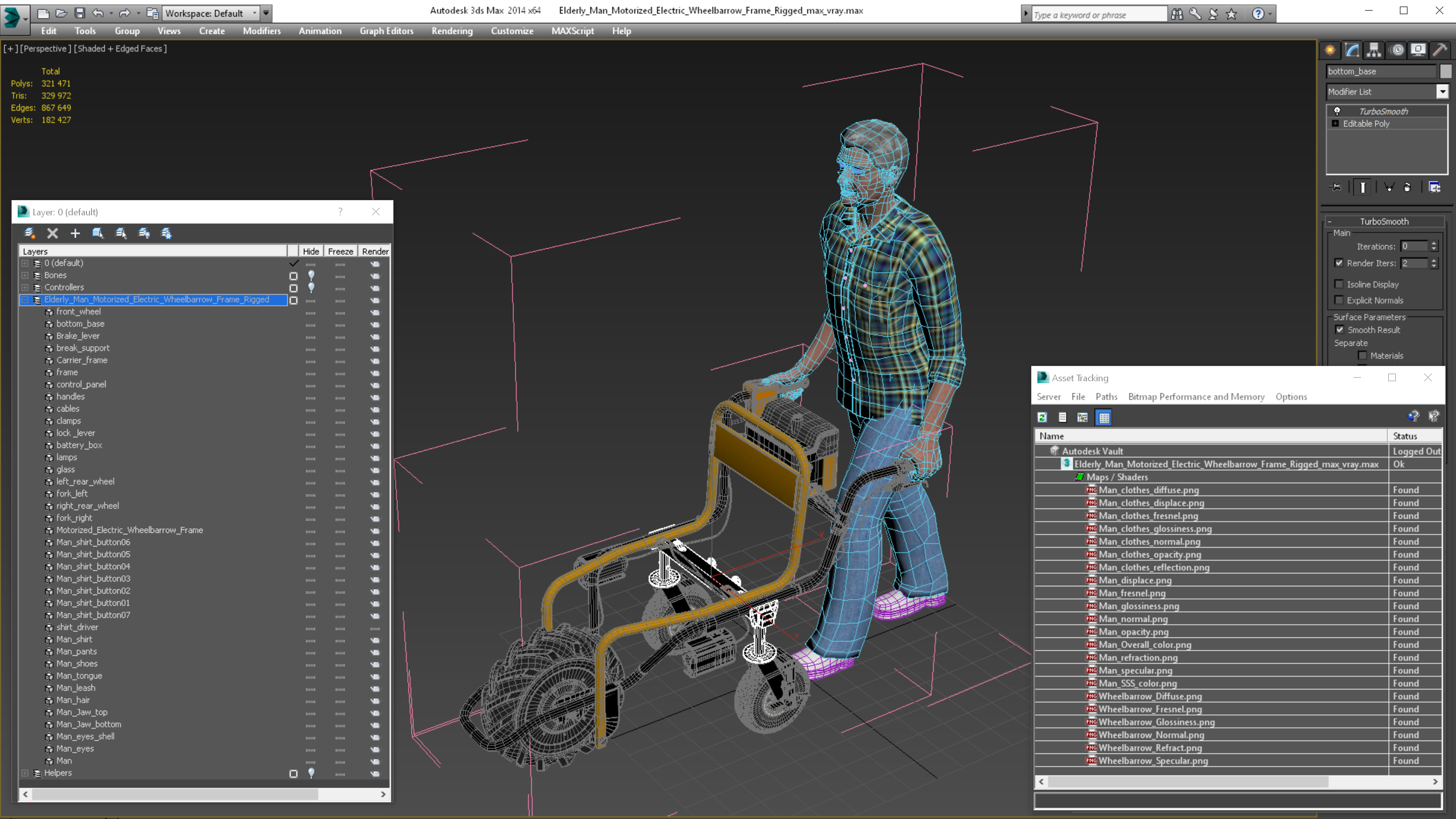 3D model Elderly Man Motorized Electric Wheelbarrow Frame Rigged