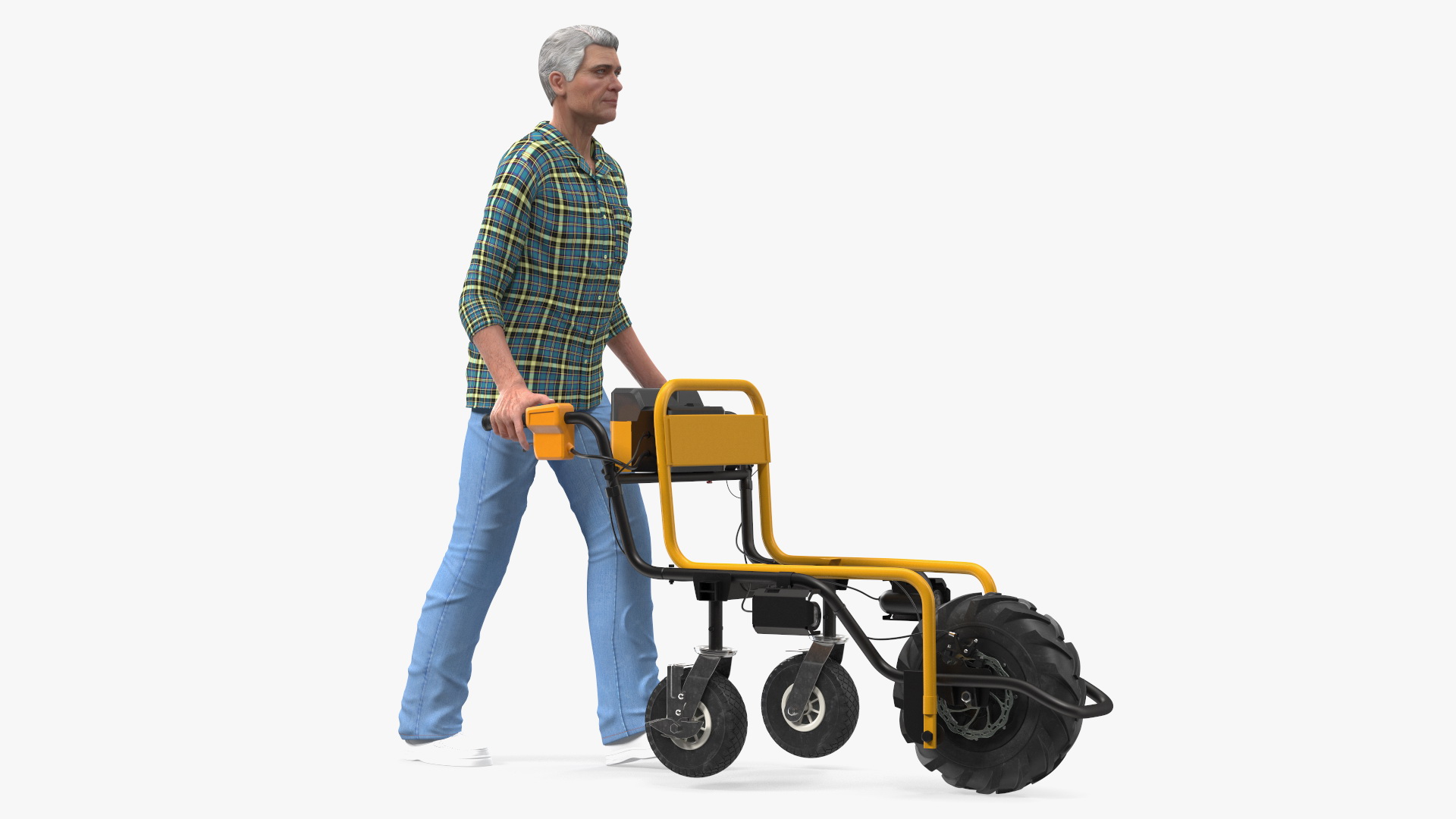3D model Elderly Man Motorized Electric Wheelbarrow Frame Rigged