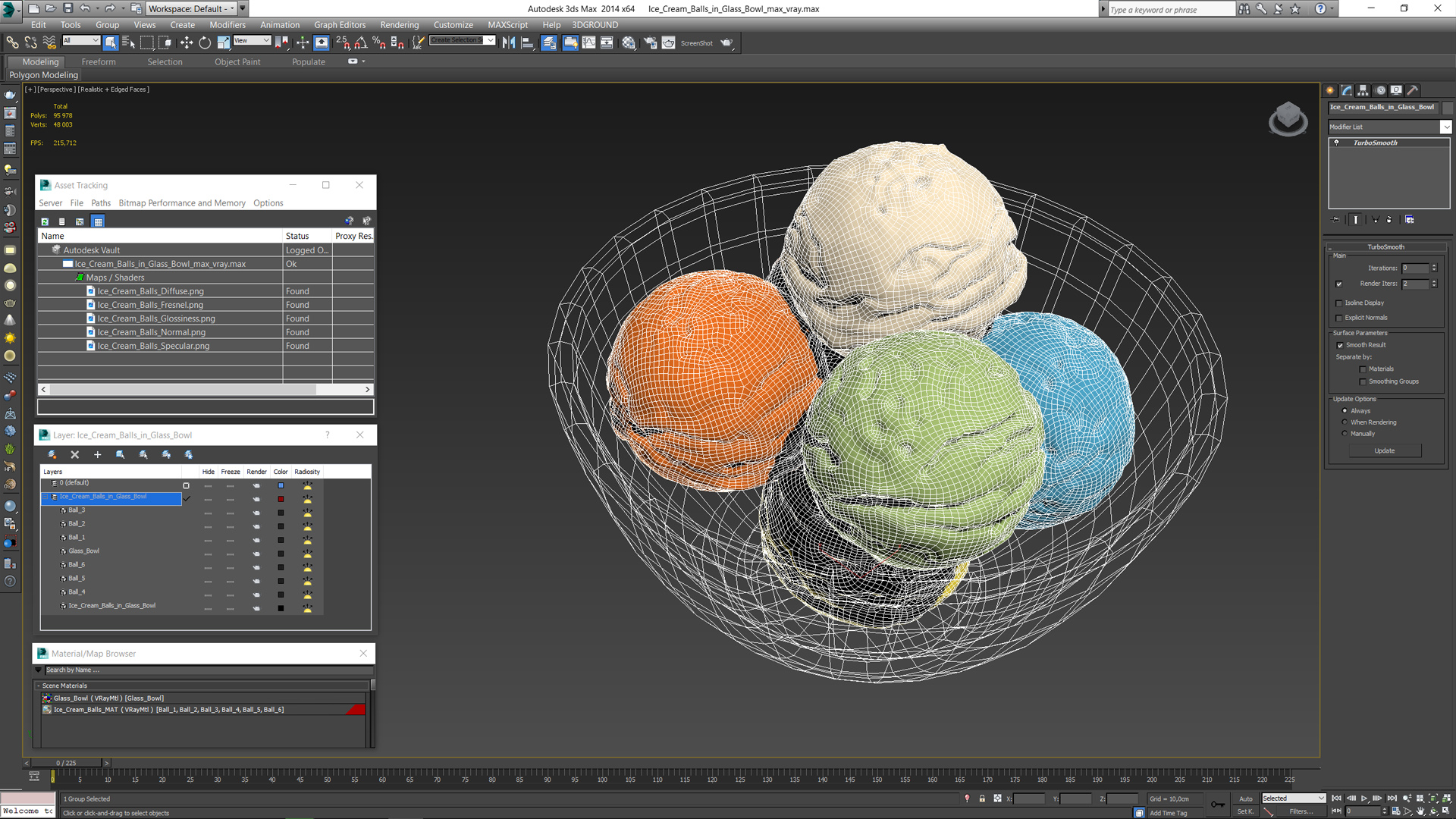 Ice Cream Balls in Glass Bowl 3D model