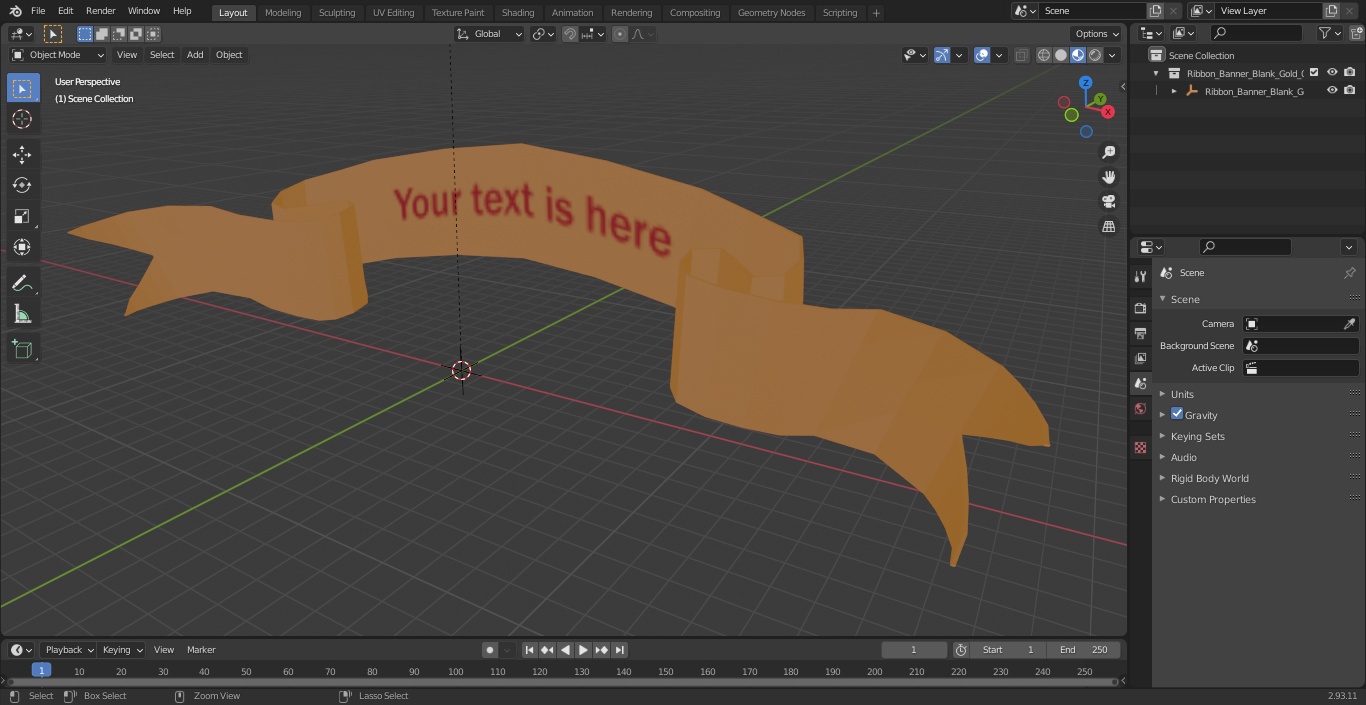 Ribbon Banner Blank Gold 3D model