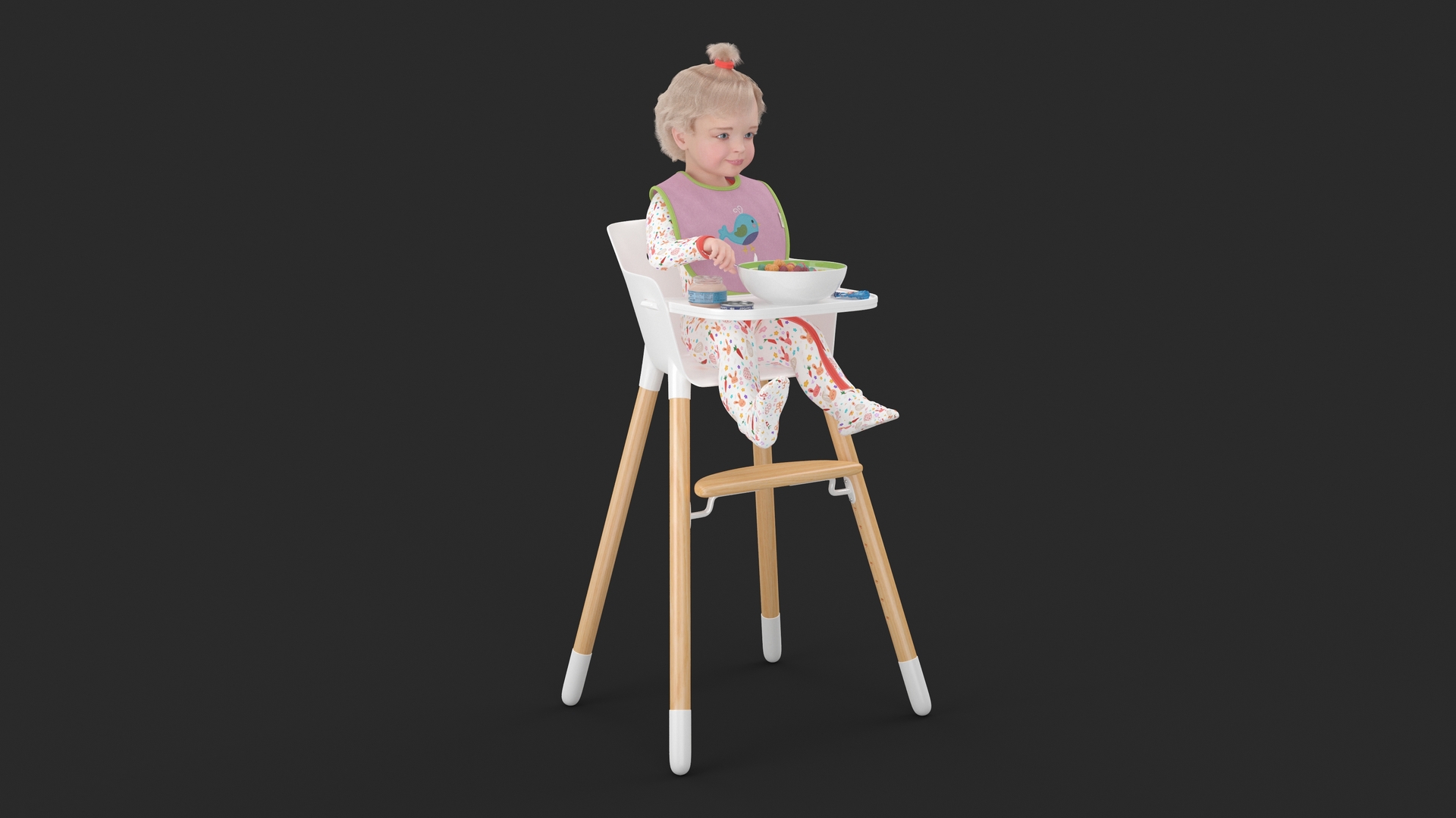Baby Girl Eating in High Chair Fur 3D model