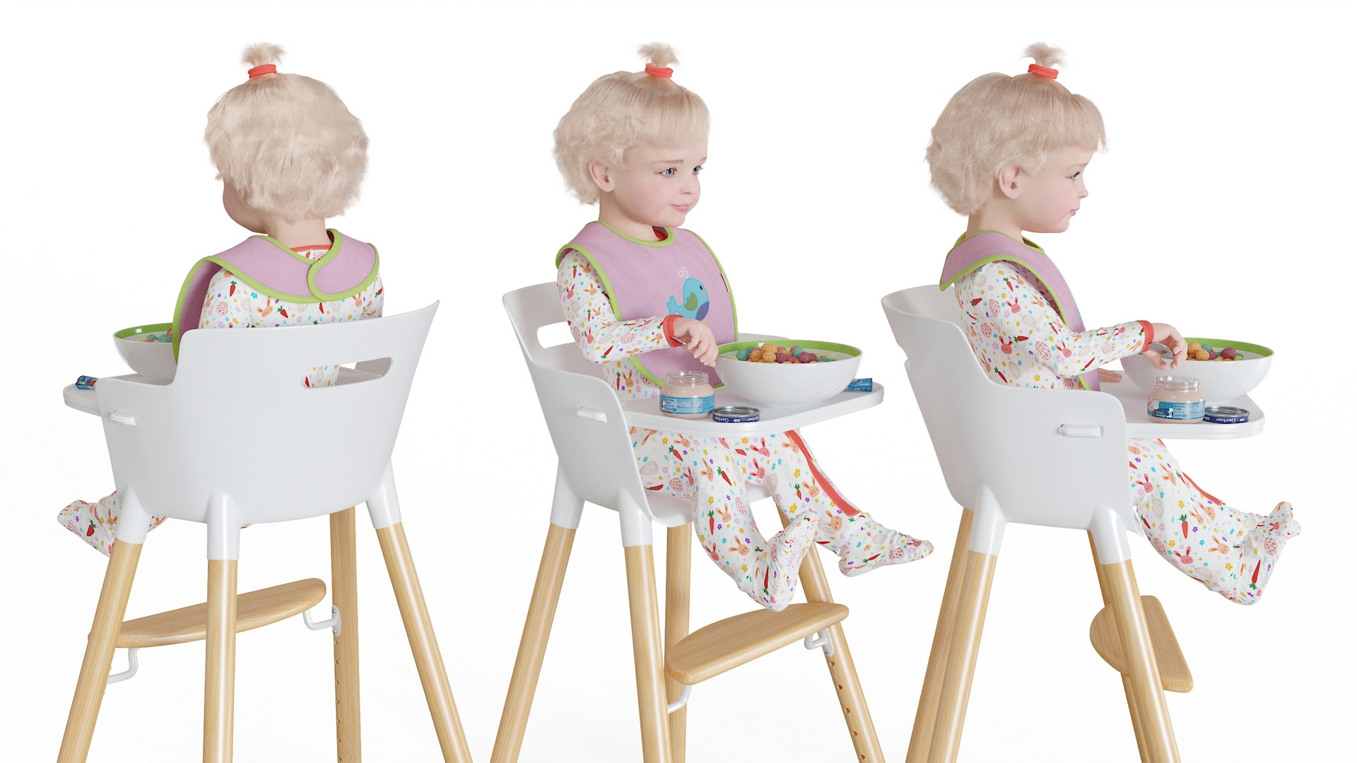 Baby Girl Eating in High Chair Fur 3D model