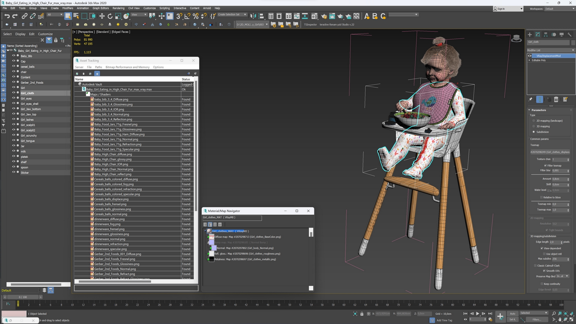 Baby Girl Eating in High Chair Fur 3D model