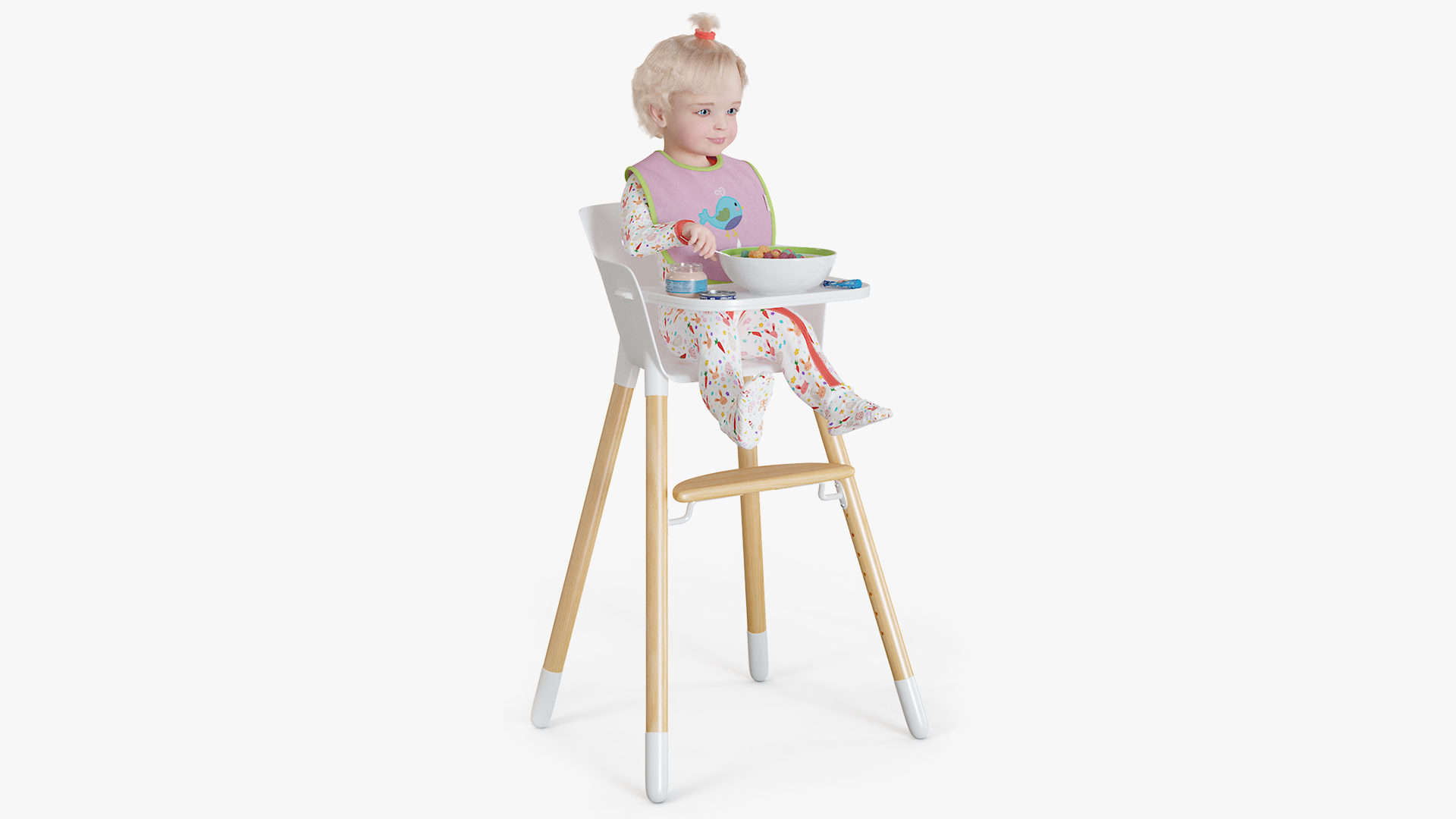 Baby Girl Eating in High Chair Fur 3D model