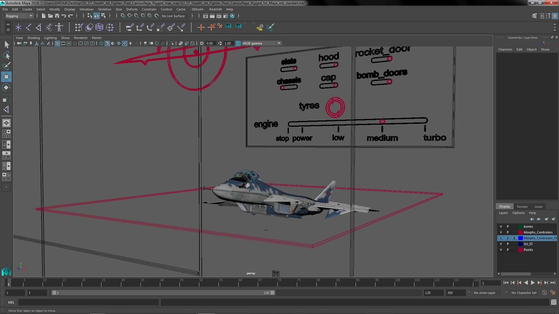 3D SU 57 Stealth Jet Fighter Pixel Camouflage Rigged for Maya model