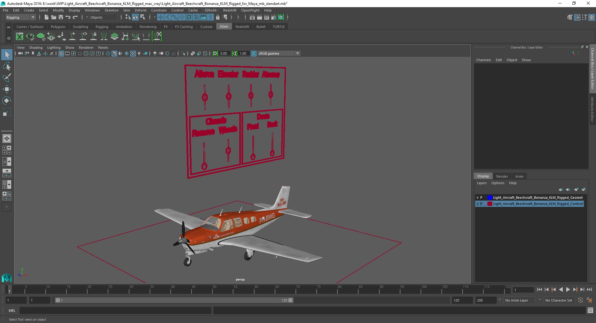 3D Light Aircraft Beechcraft Bonanza KLM Rigged for Maya model