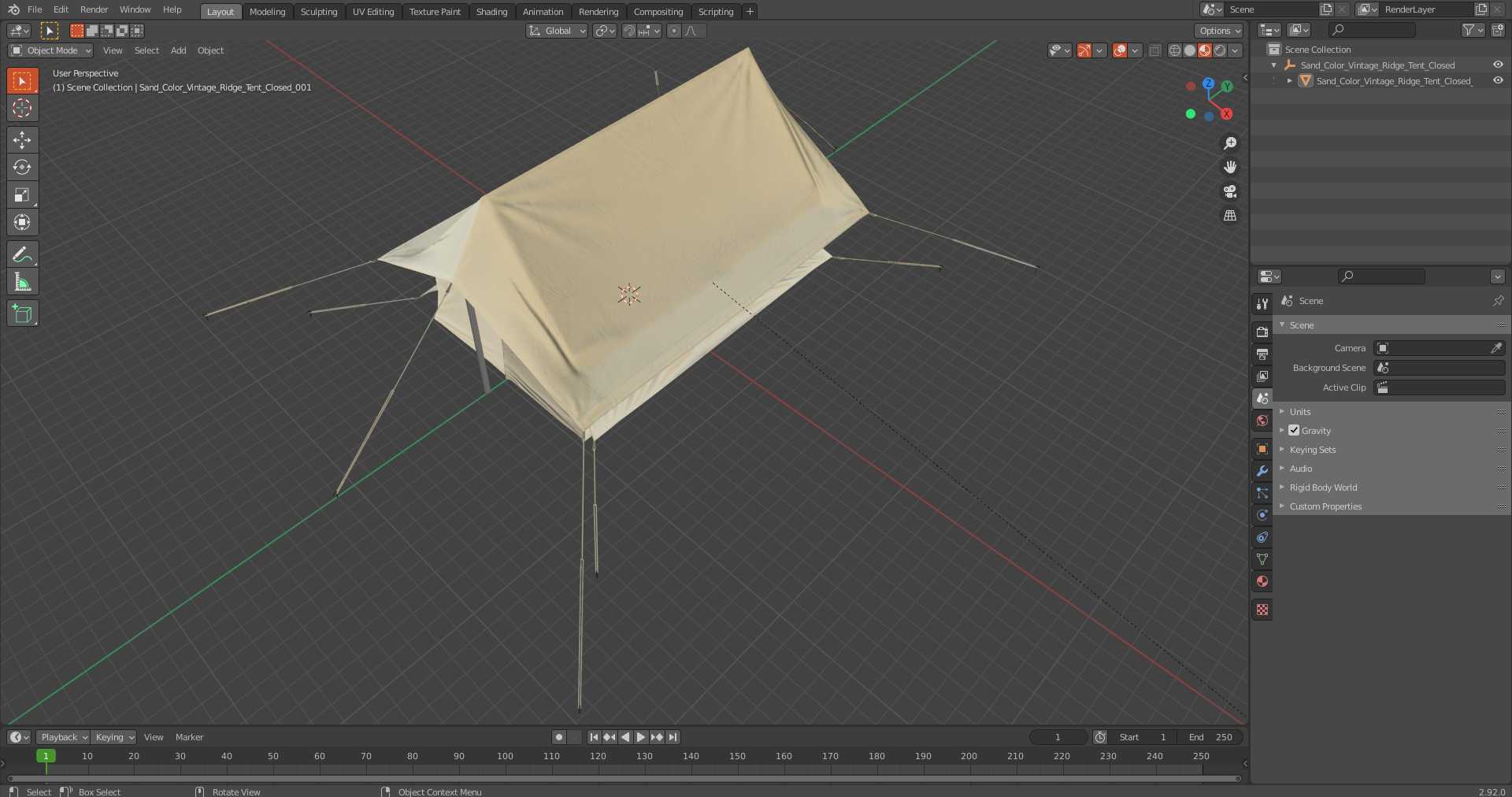 3D Sand Color Vintage Ridge Tent Closed