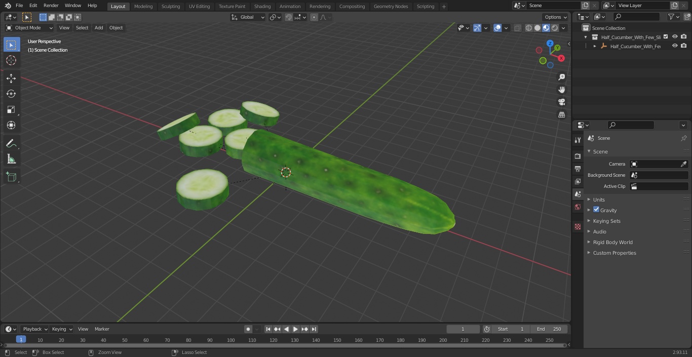 Half Cucumber With Few Slices 3D model