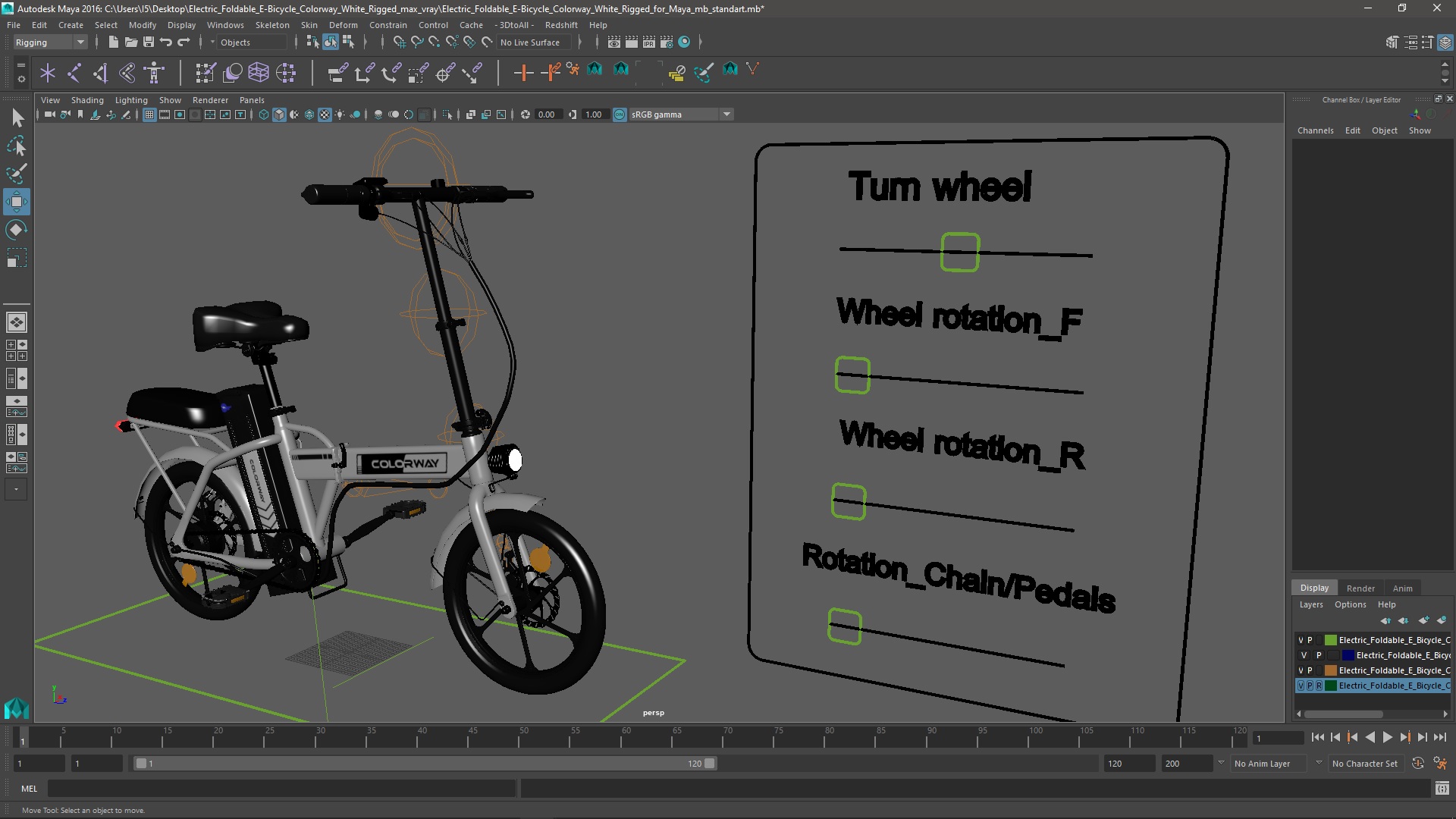 3D Electric Foldable E-Bicycle Colorway White Rigged for Maya model