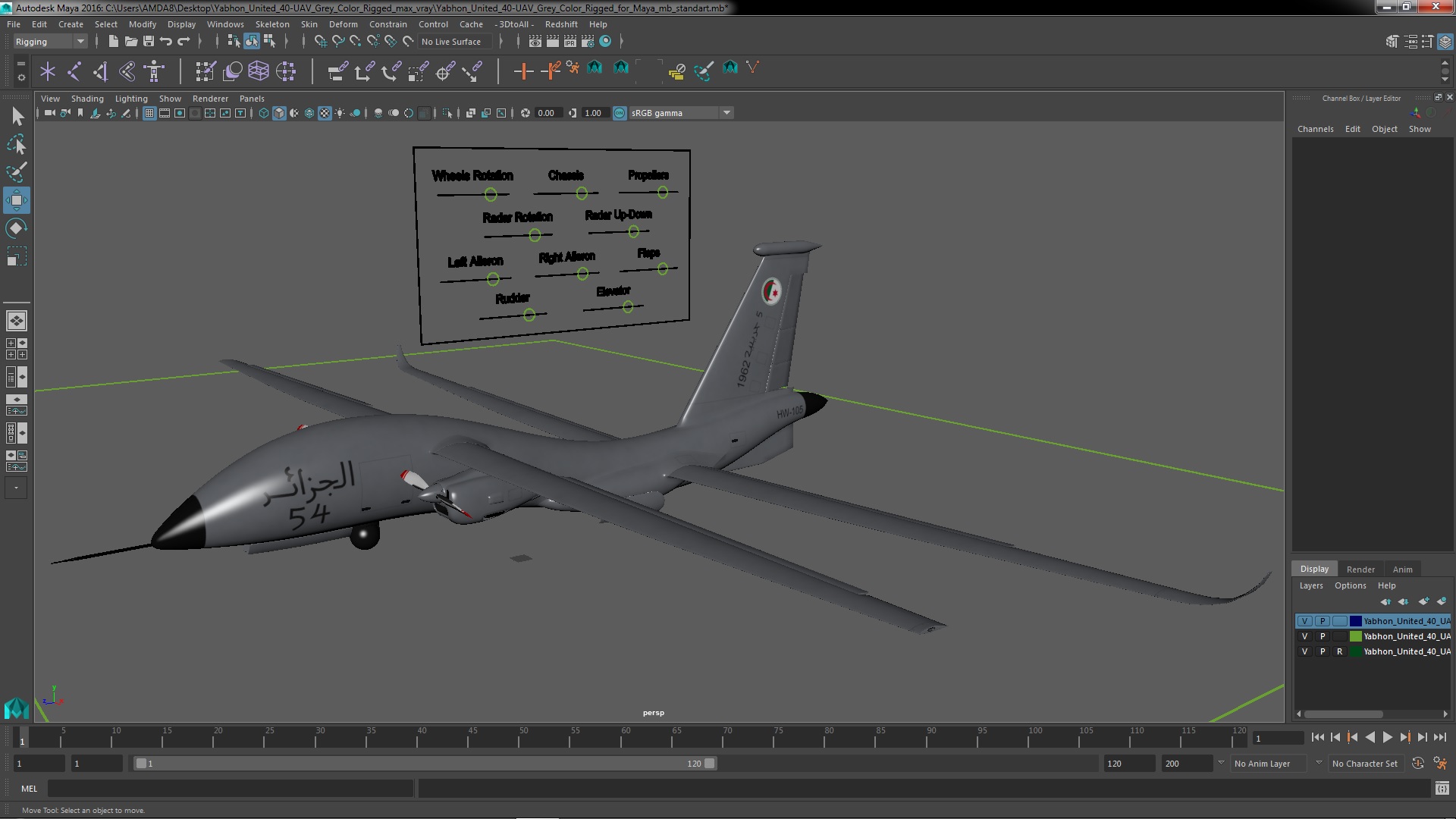 Yabhon United 40-UAV Grey Color Rigged for Maya 3D