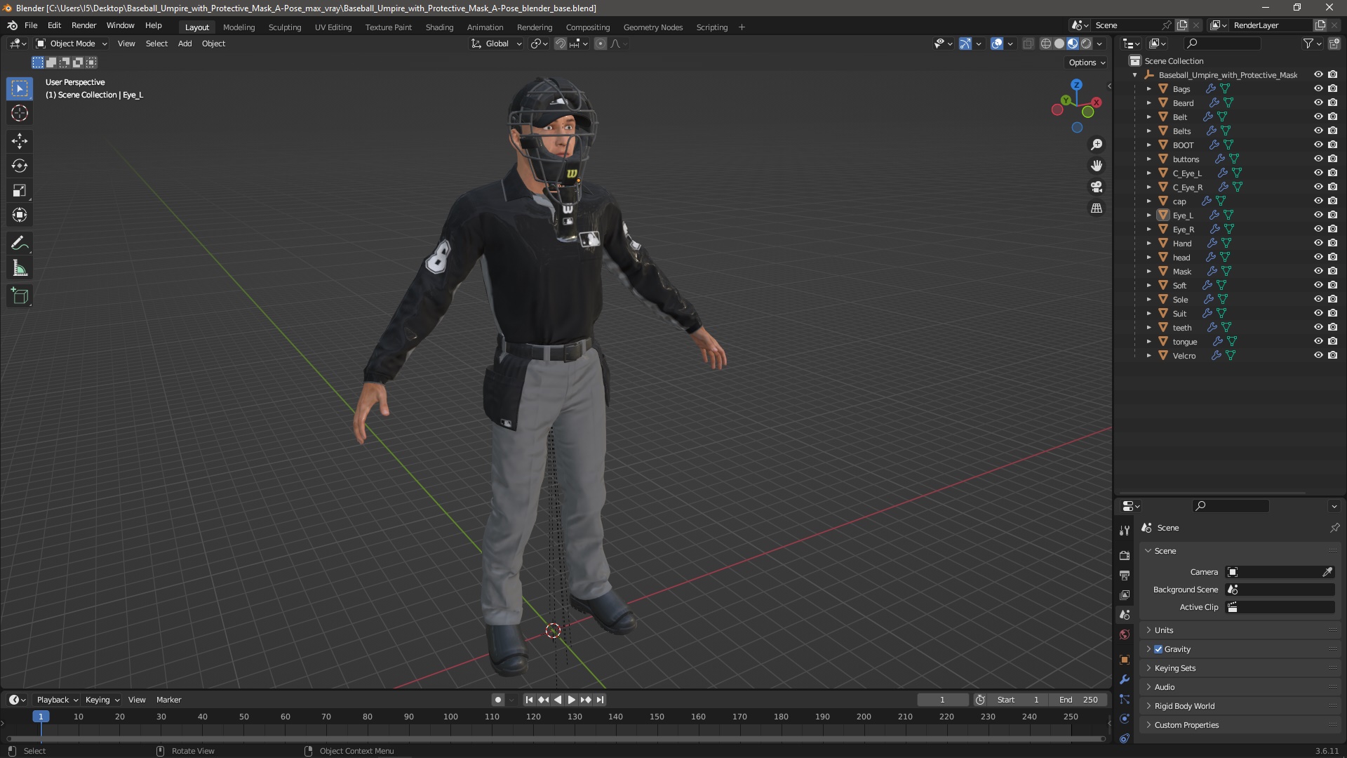 3D Baseball Umpire with Protective Mask A-Pose model