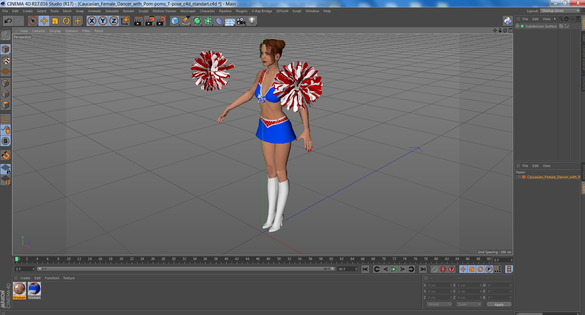 Caucasian Female Dancer with Pom-poms T-pose 3D model