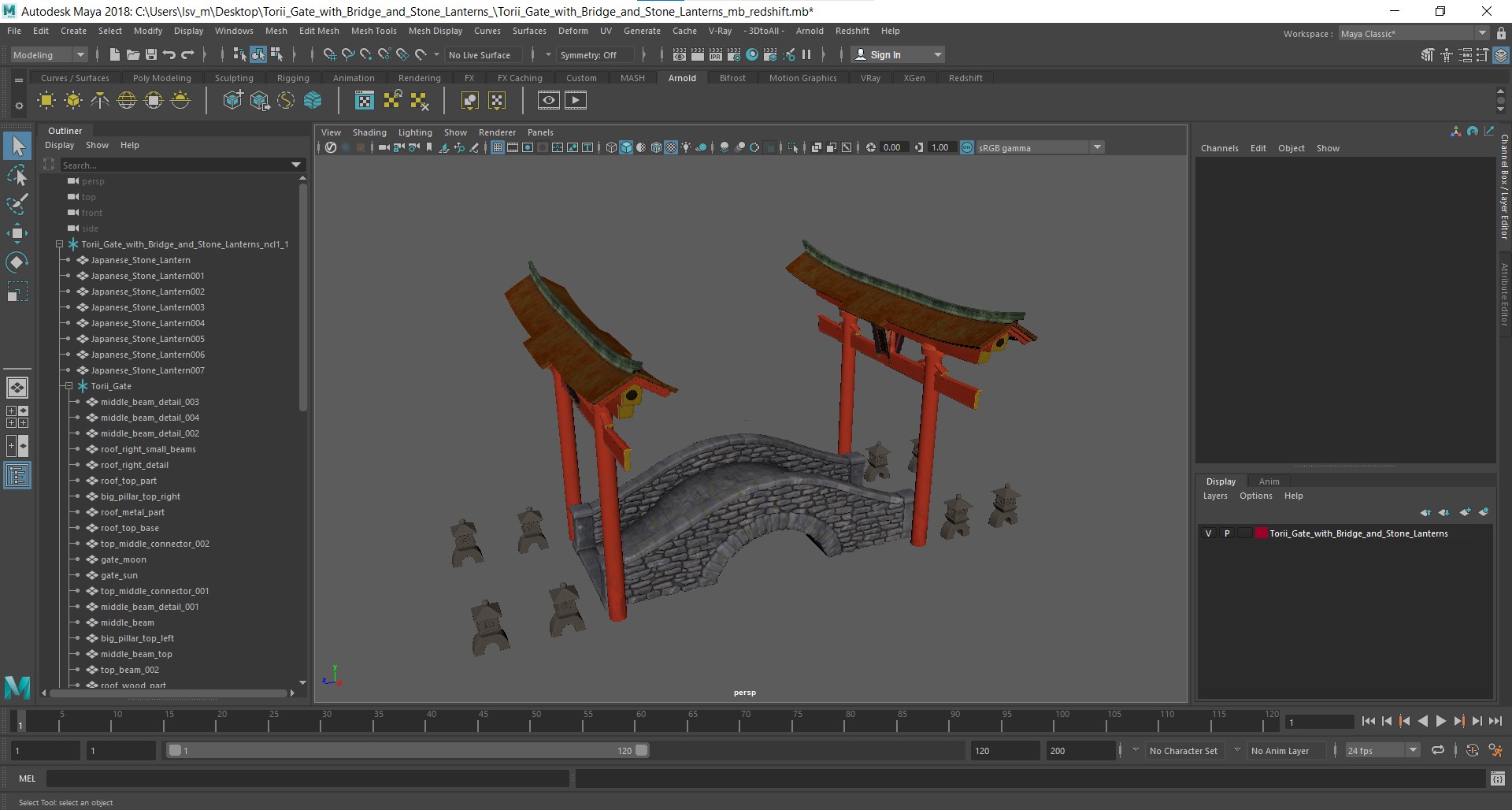 3D Torii Gate with Bridge and Stone Lanterns