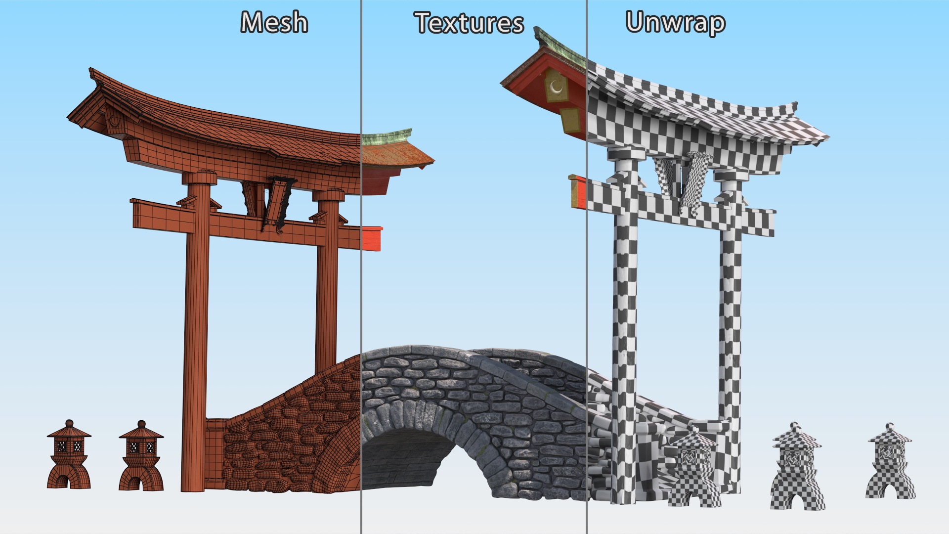 3D Torii Gate with Bridge and Stone Lanterns