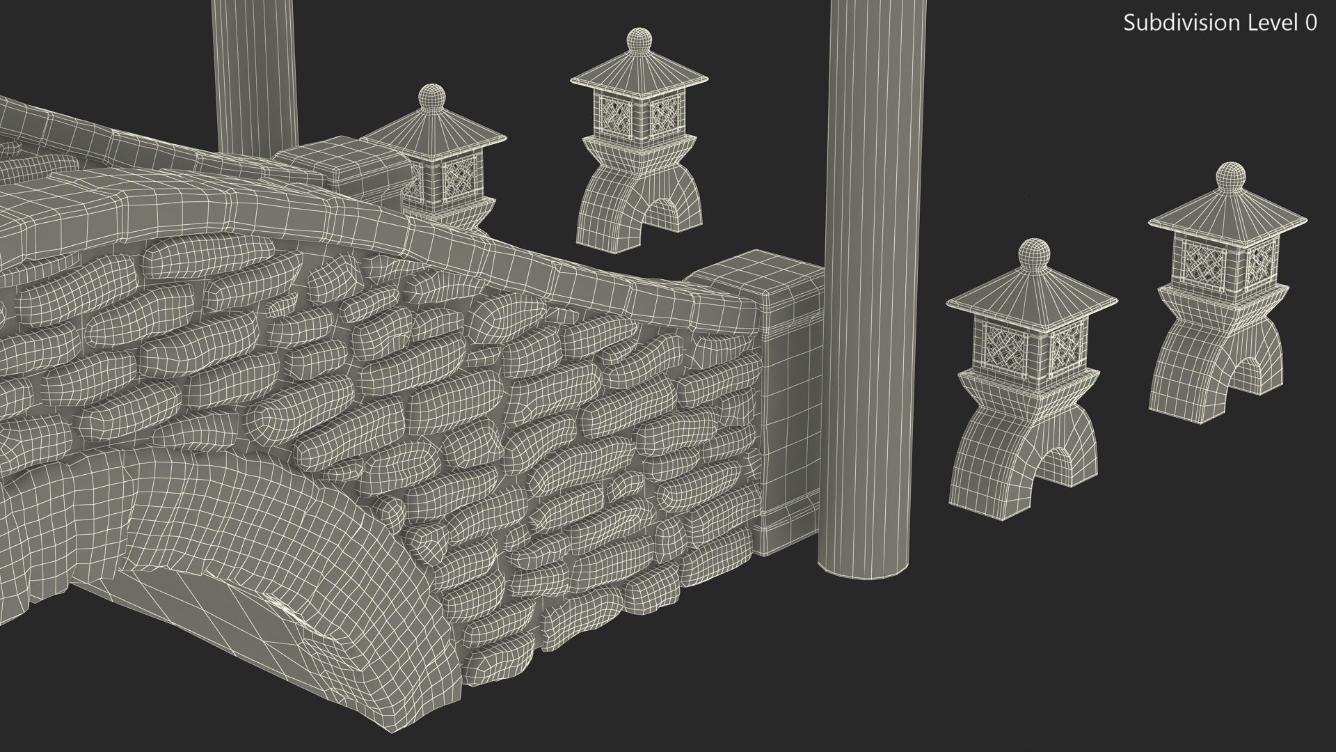 3D Torii Gate with Bridge and Stone Lanterns