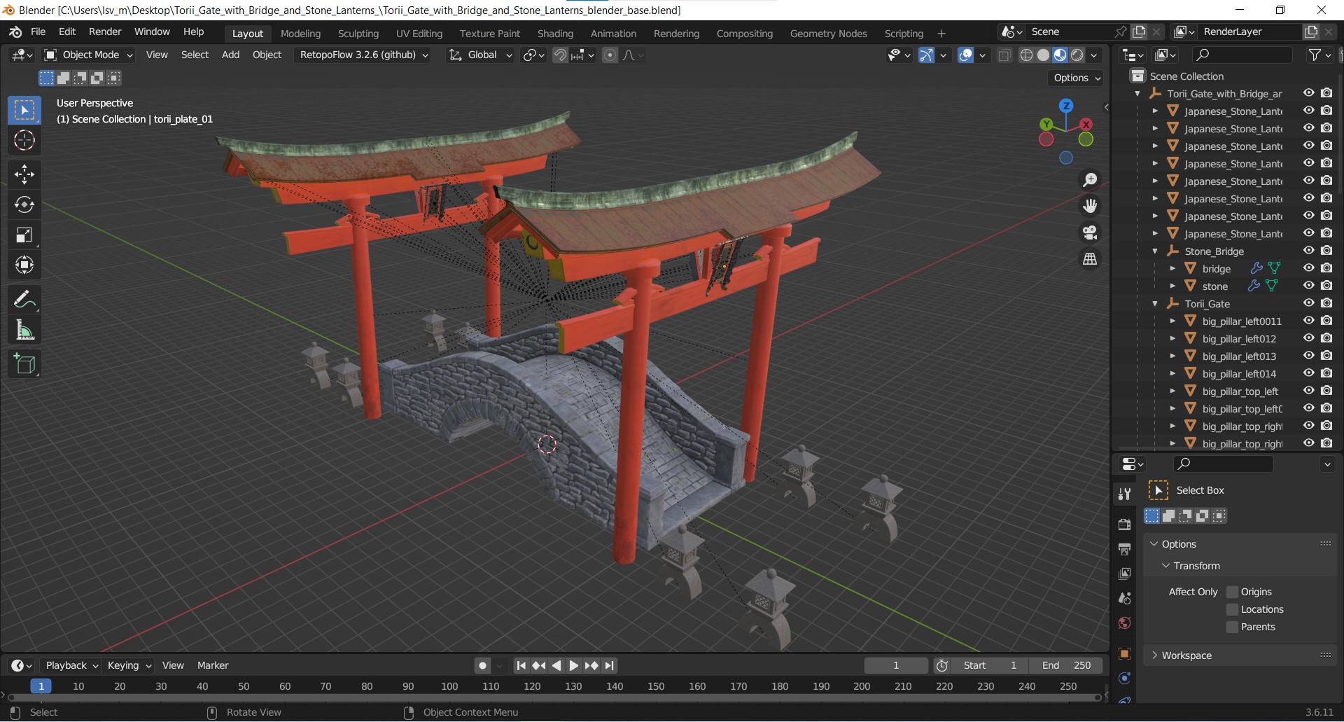 3D Torii Gate with Bridge and Stone Lanterns