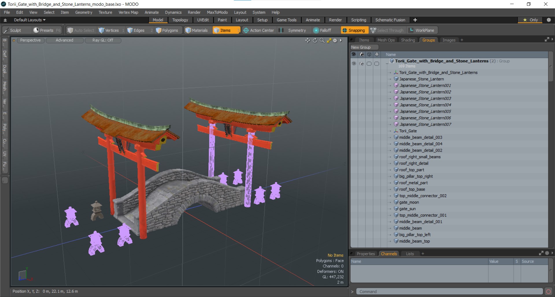 3D Torii Gate with Bridge and Stone Lanterns
