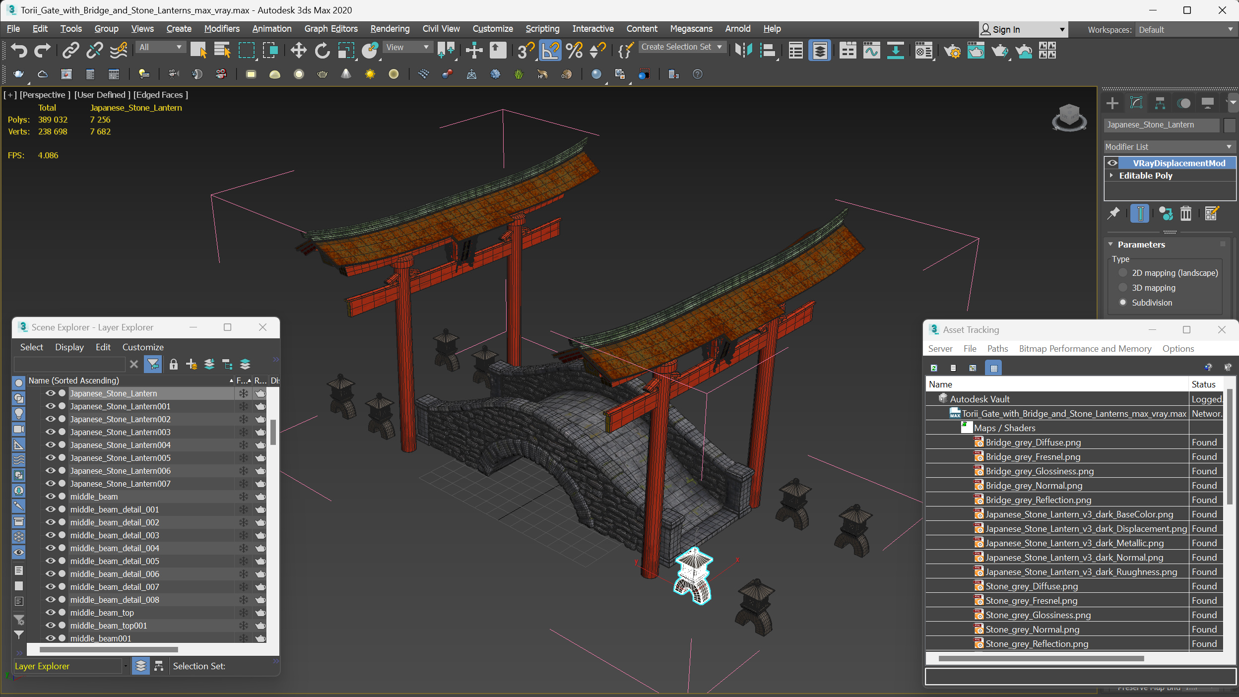3D Torii Gate with Bridge and Stone Lanterns