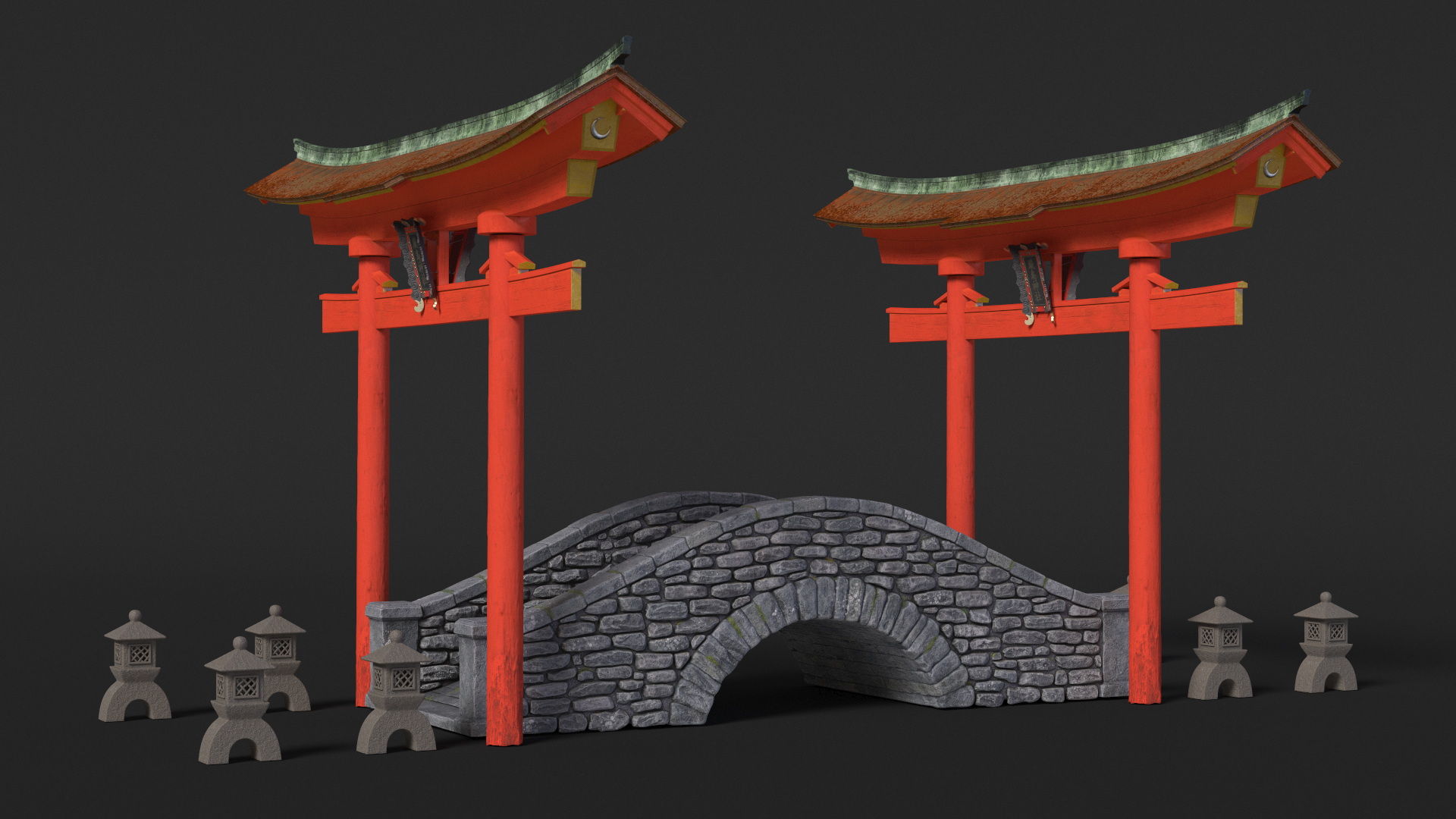 3D Torii Gate with Bridge and Stone Lanterns