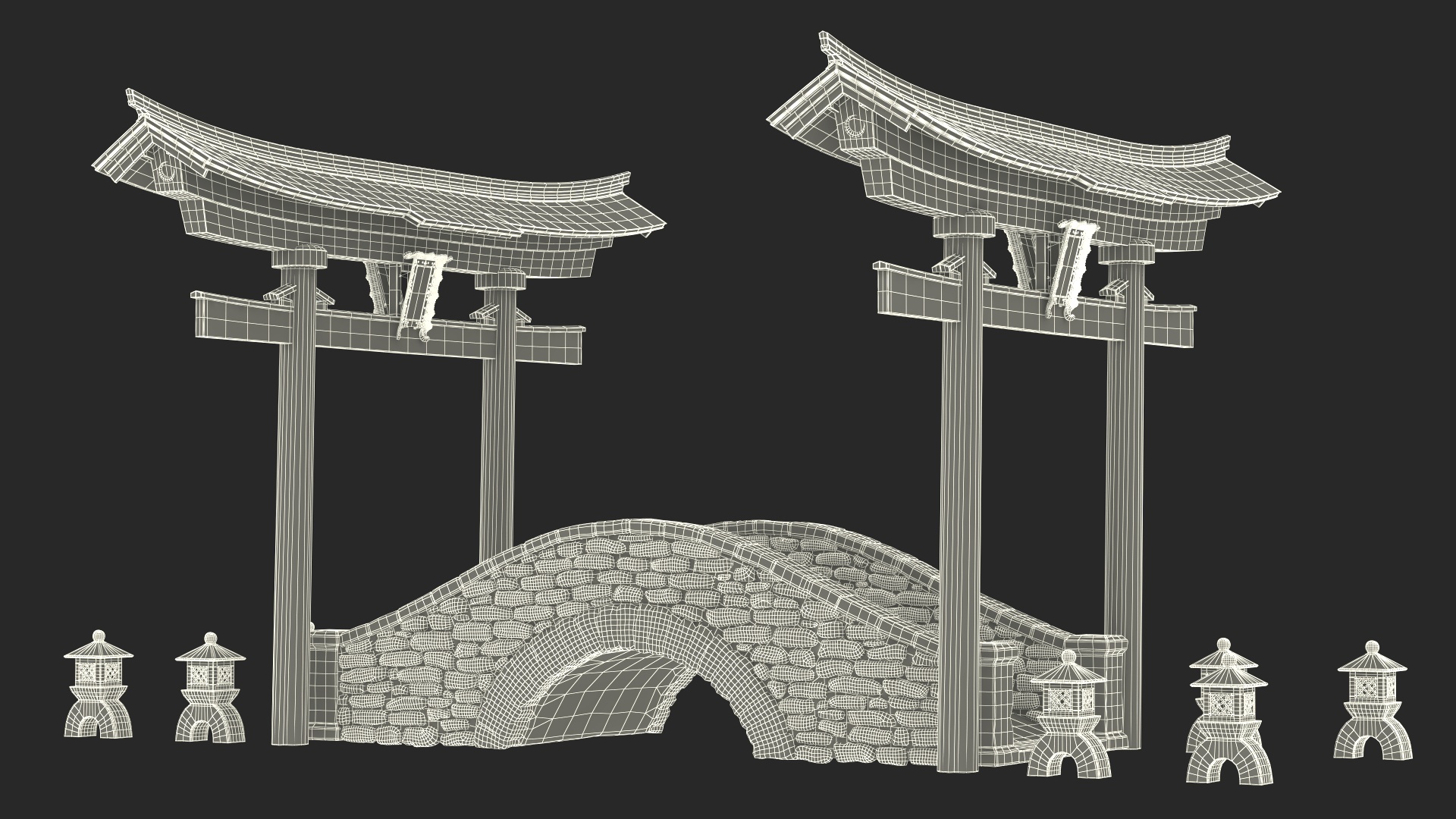 3D Torii Gate with Bridge and Stone Lanterns