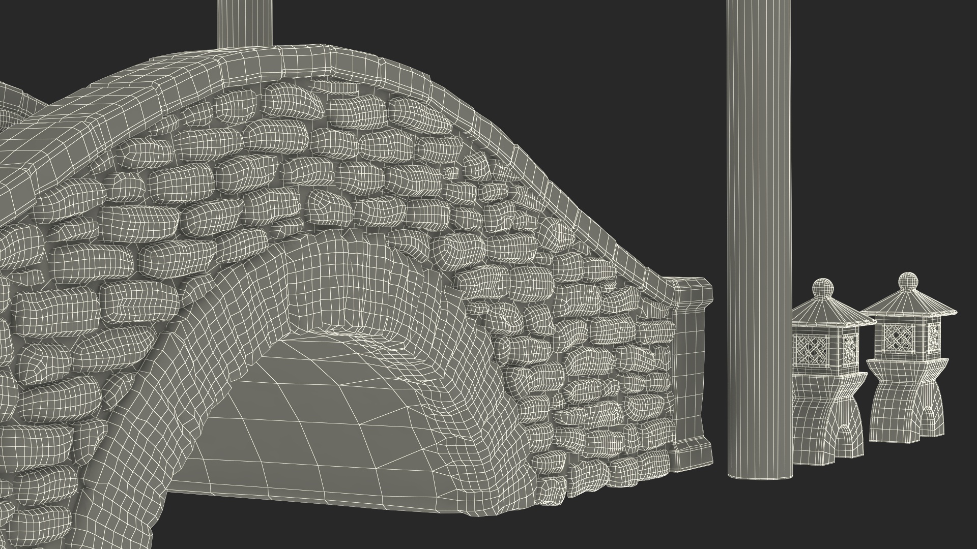 3D Torii Gate with Bridge and Stone Lanterns