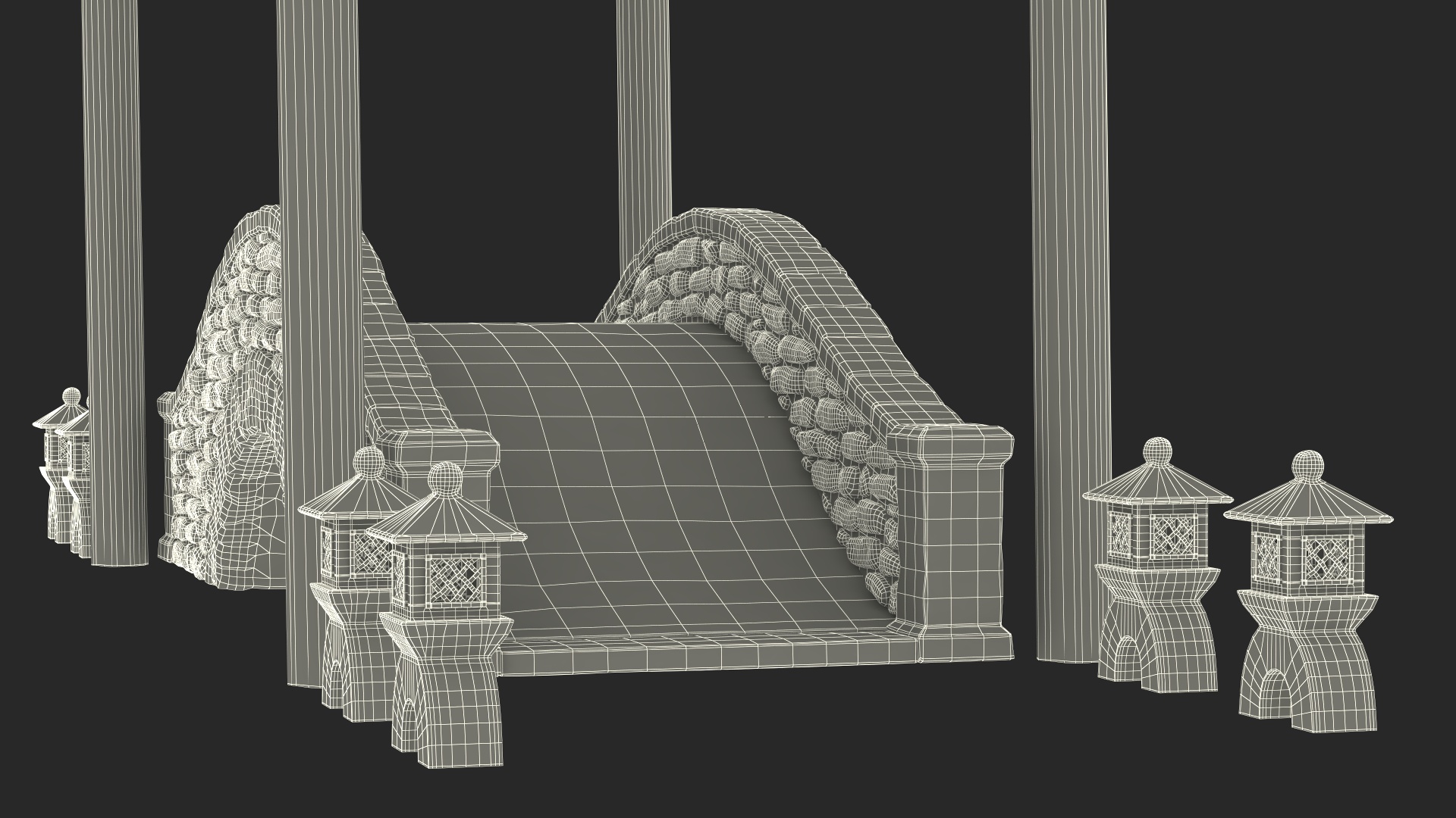 3D Torii Gate with Bridge and Stone Lanterns
