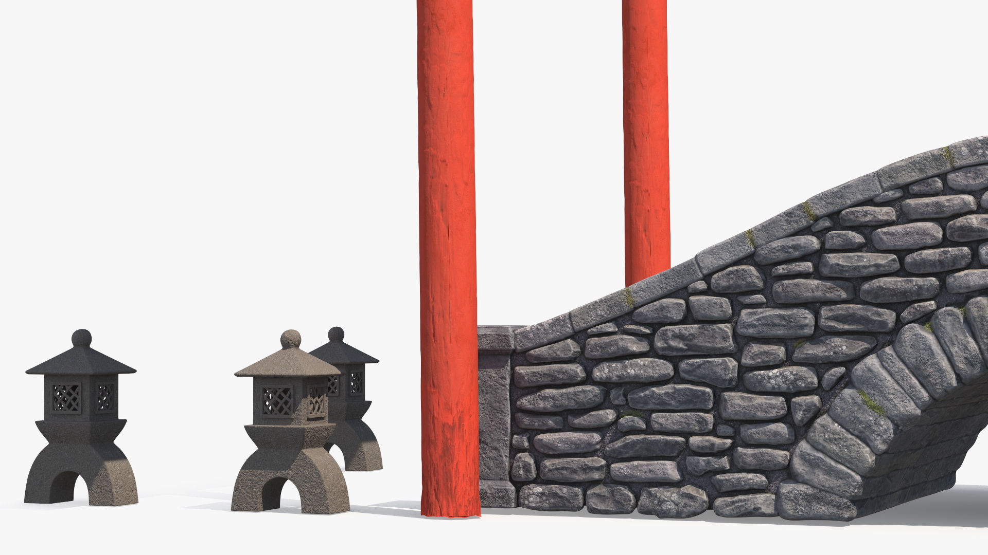 3D Torii Gate with Bridge and Stone Lanterns