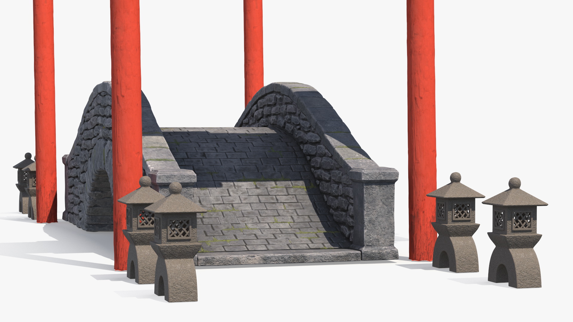 3D Torii Gate with Bridge and Stone Lanterns