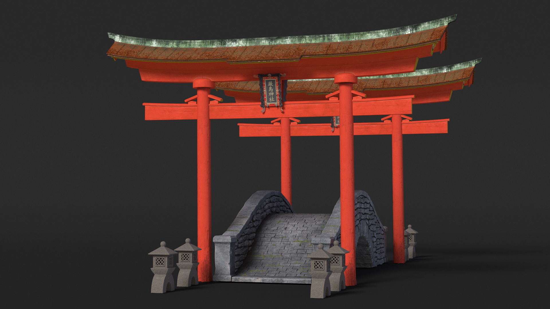 3D Torii Gate with Bridge and Stone Lanterns