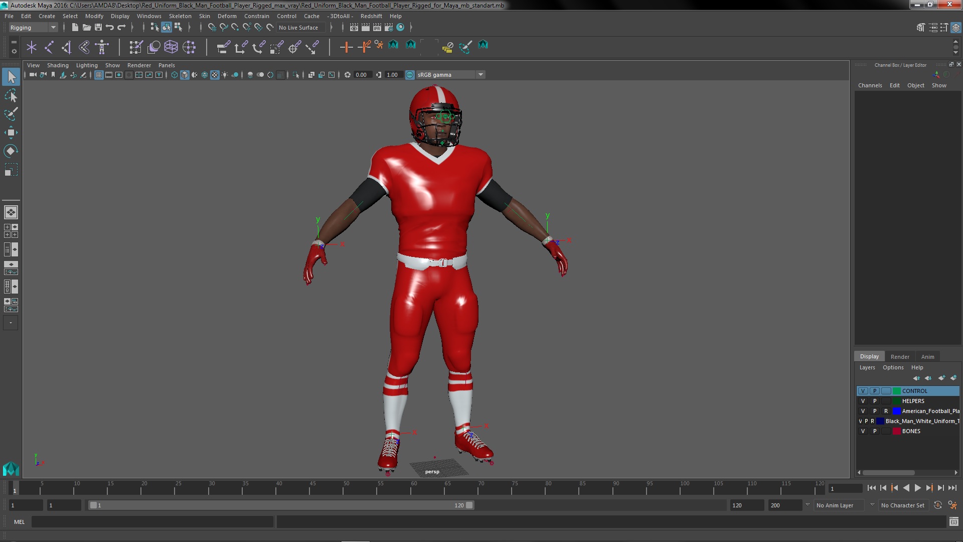 3D Red Uniform Black Man Football Player Rigged for Maya model