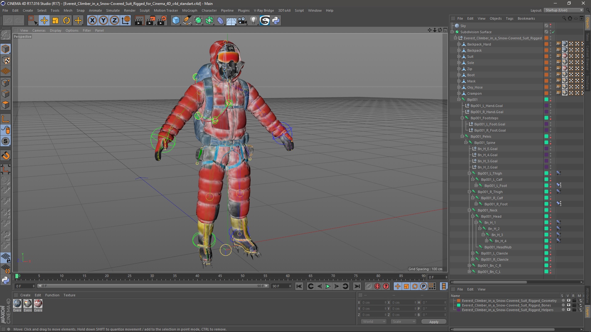 Everest Climber in a Snow-Covered Suit Rigged for Cinema 4D 3D model