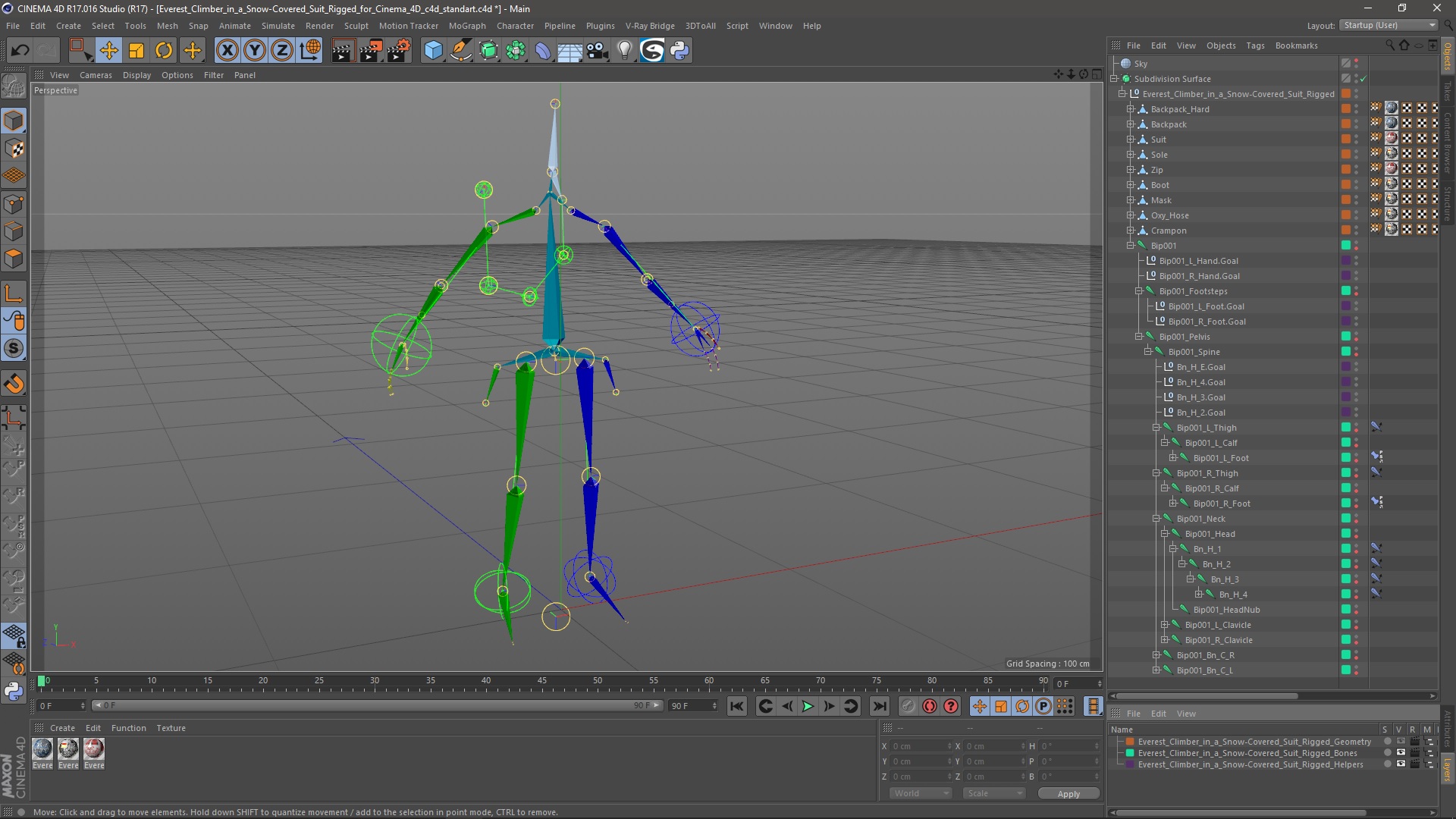Everest Climber in a Snow-Covered Suit Rigged for Cinema 4D 3D model