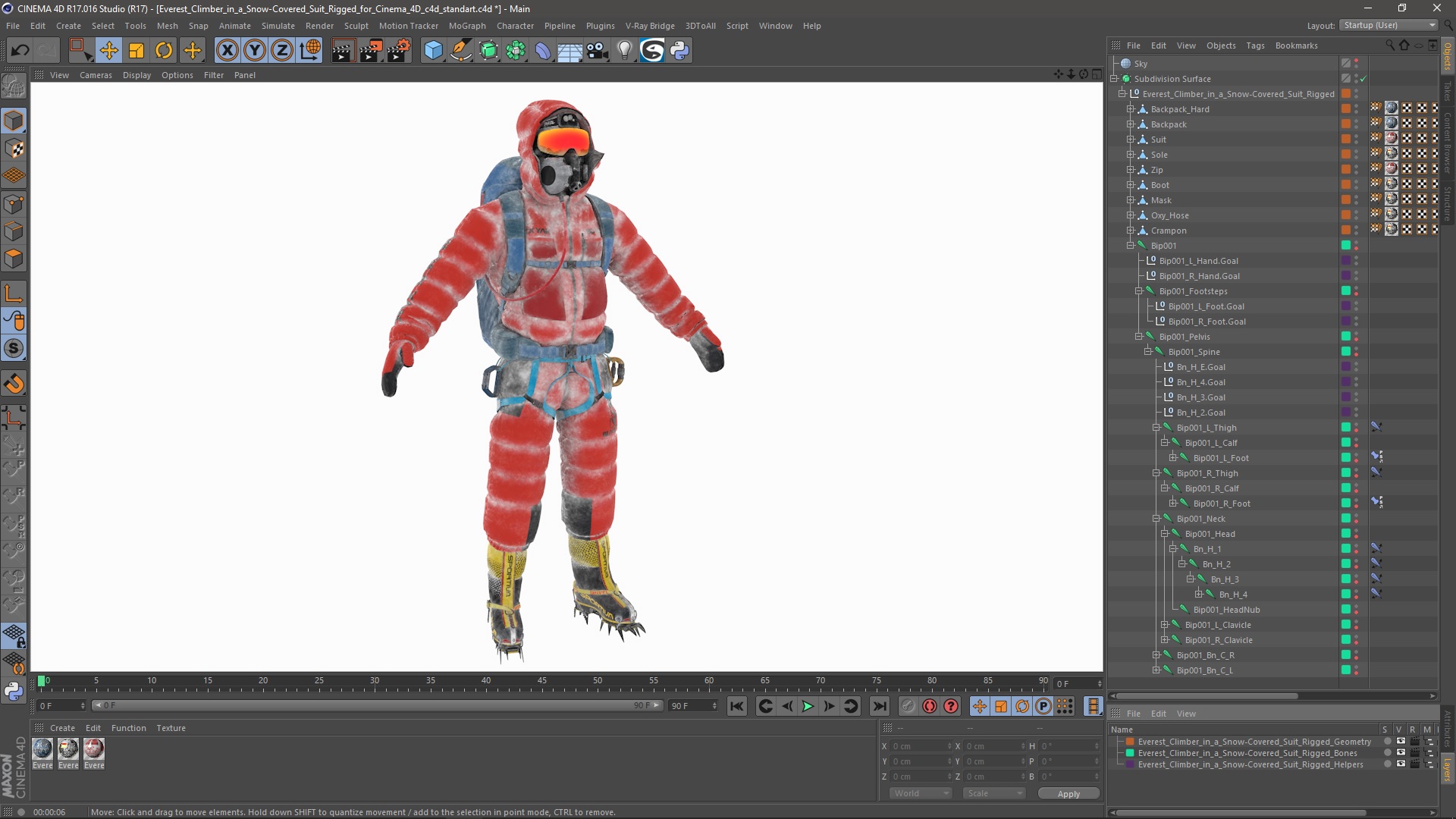 Everest Climber in a Snow-Covered Suit Rigged for Cinema 4D 3D model