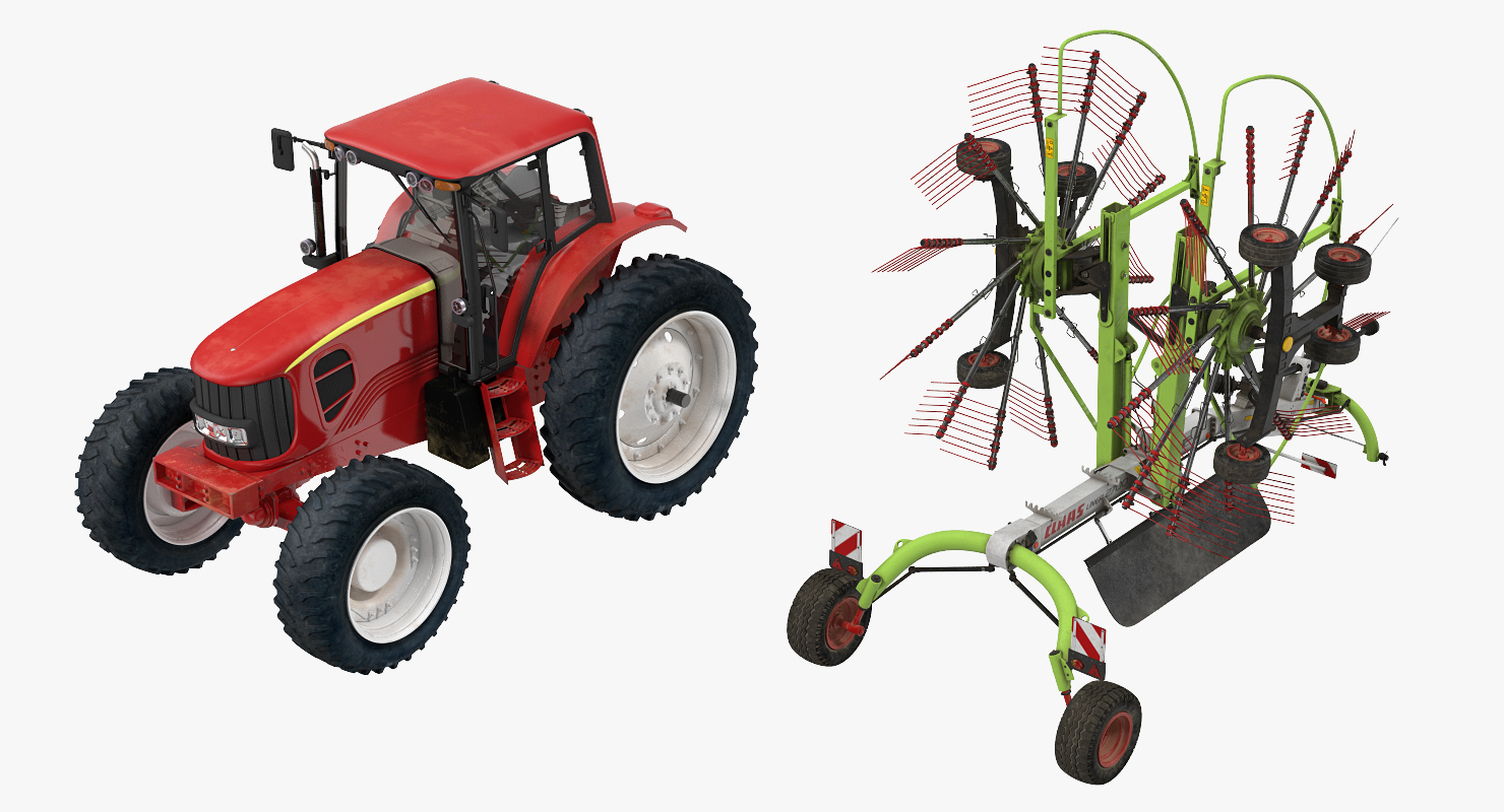 Tractor with Used Twin Rotor Rake Claas Liner 2700 Parked 3D