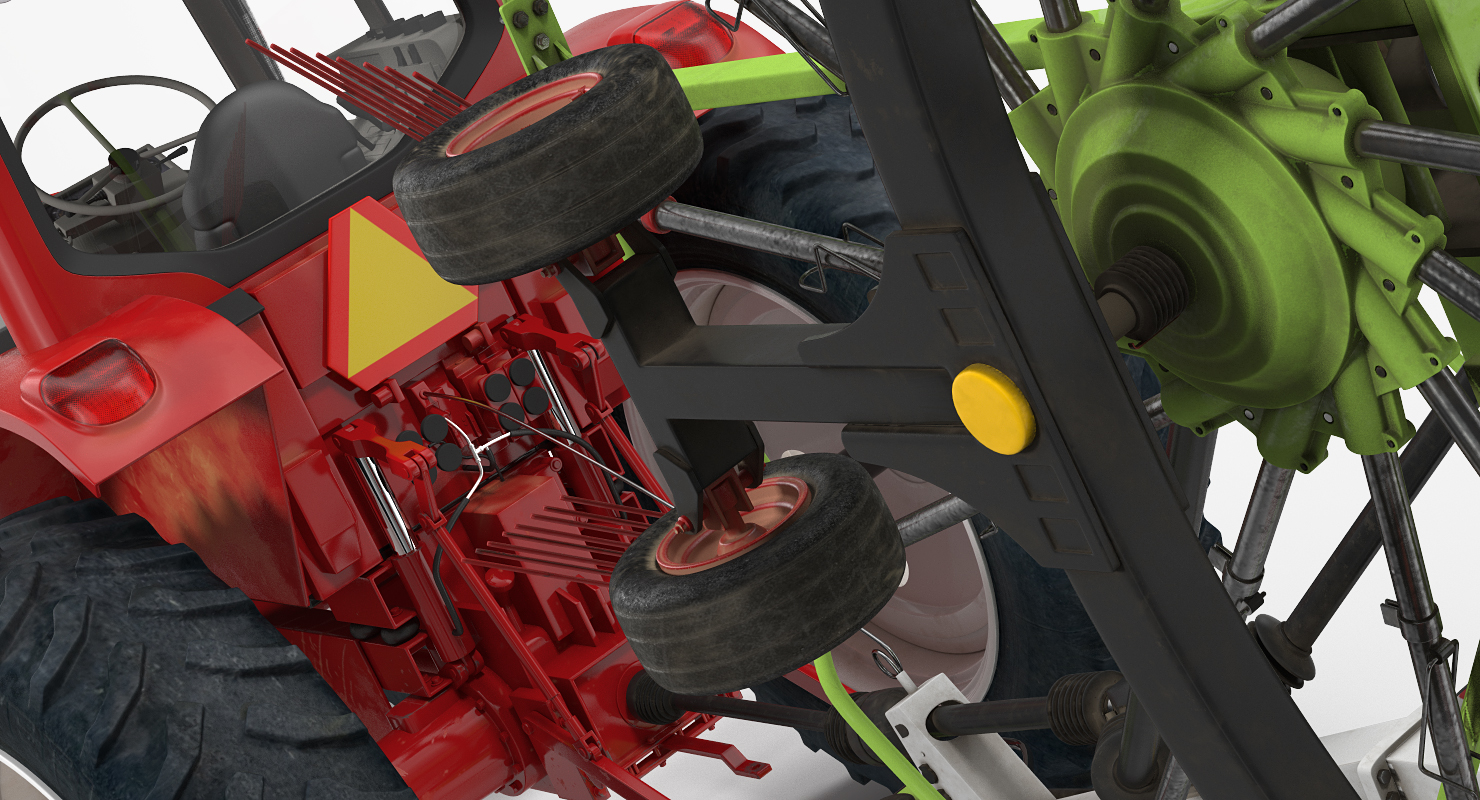 Tractor with Used Twin Rotor Rake Claas Liner 2700 Parked 3D