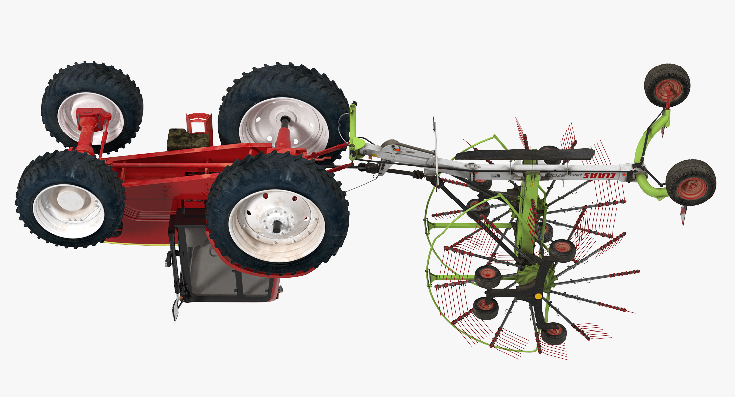 Tractor with Used Twin Rotor Rake Claas Liner 2700 Parked 3D