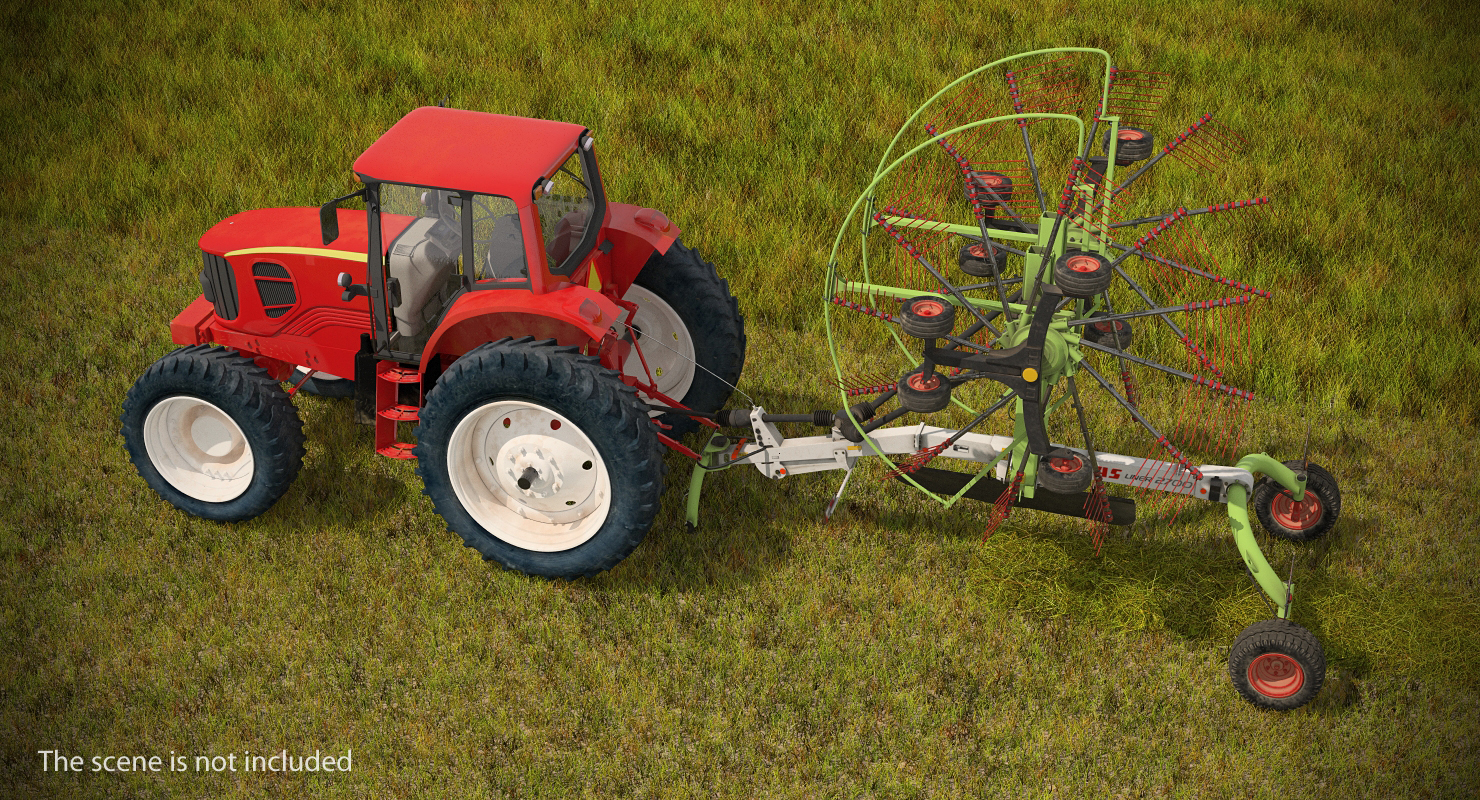 Tractor with Used Twin Rotor Rake Claas Liner 2700 Parked 3D