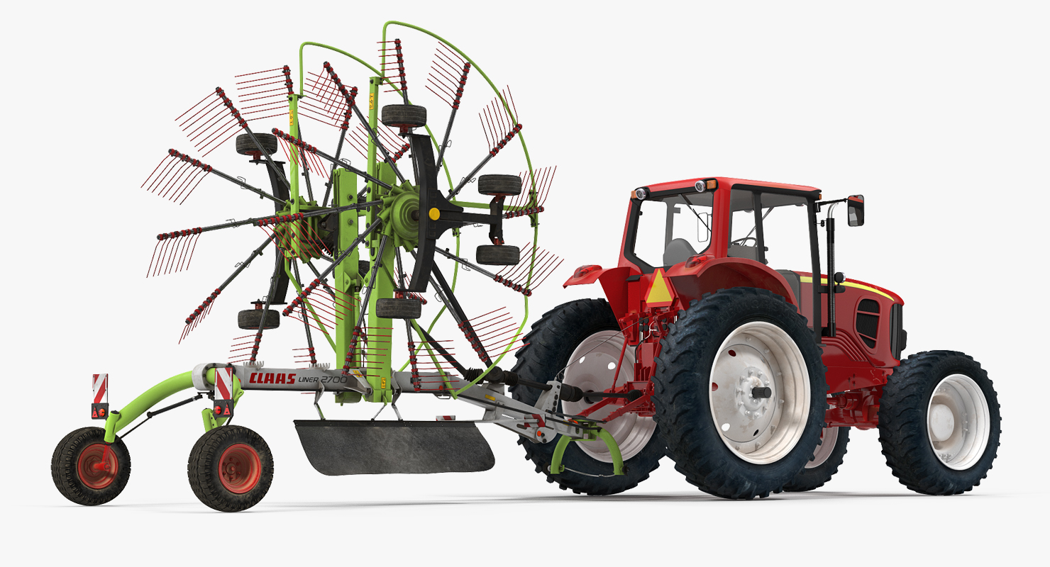 Tractor with Used Twin Rotor Rake Claas Liner 2700 Parked 3D