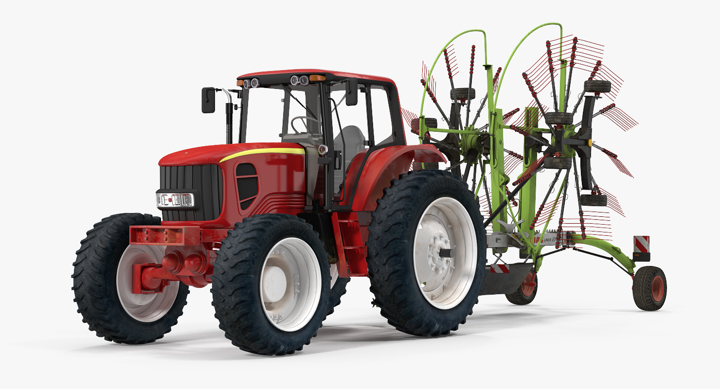 Tractor with Used Twin Rotor Rake Claas Liner 2700 Parked 3D