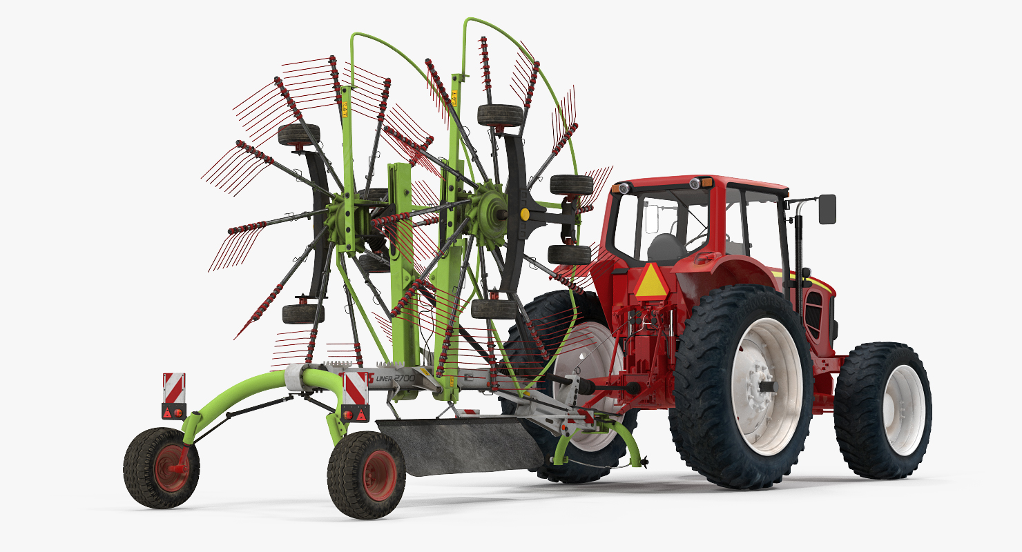 Tractor with Used Twin Rotor Rake Claas Liner 2700 Parked 3D
