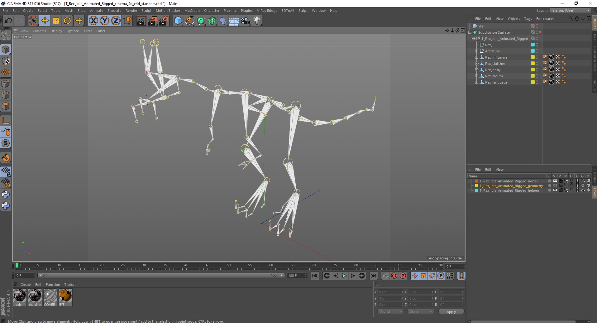 3D model T Rex Idle Animated Rigged for Cinema 4D