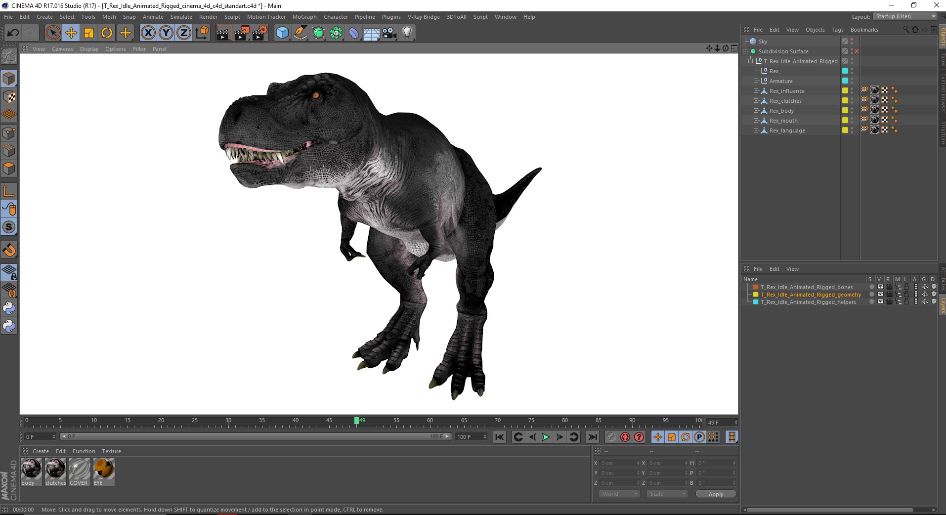 3D model T Rex Idle Animated Rigged for Cinema 4D