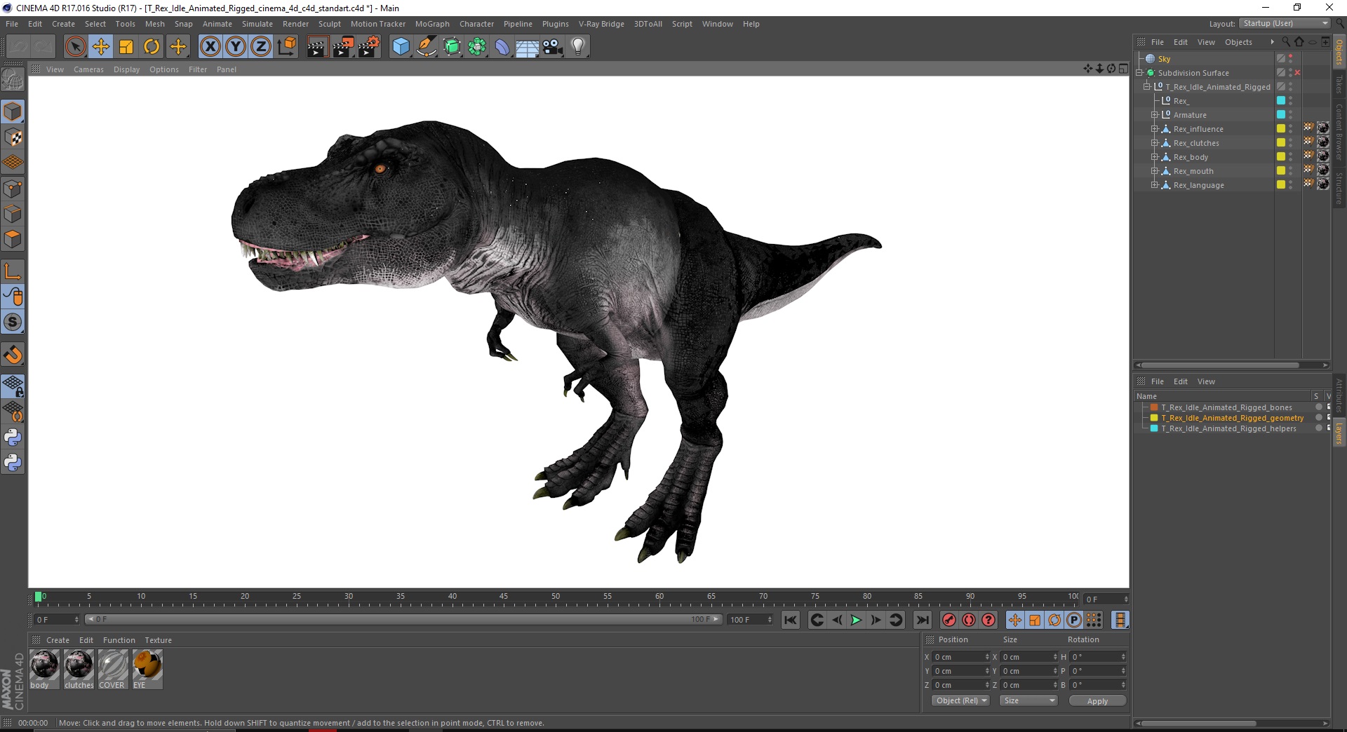 3D model T Rex Idle Animated Rigged for Cinema 4D