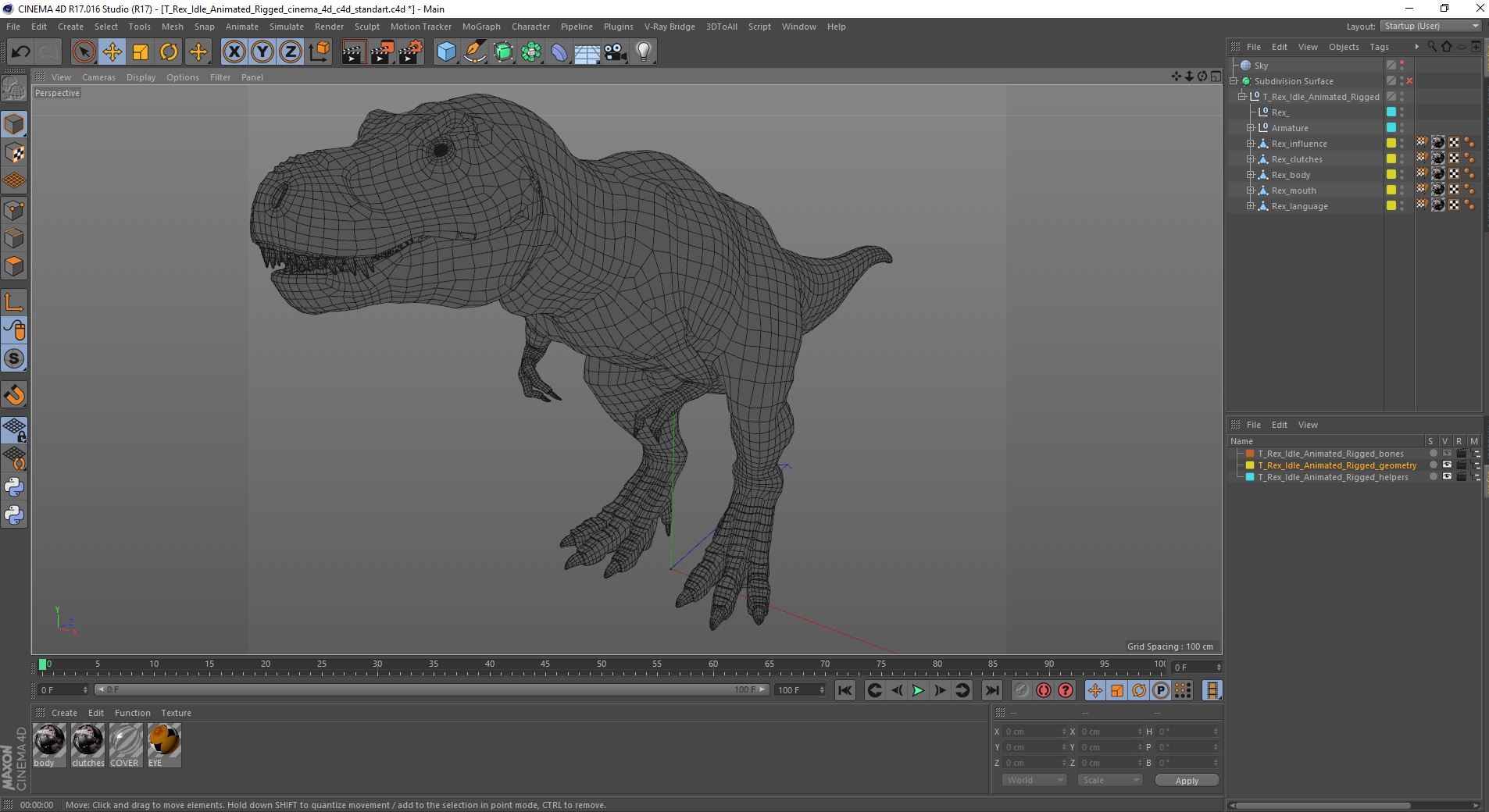 3D model T Rex Idle Animated Rigged for Cinema 4D