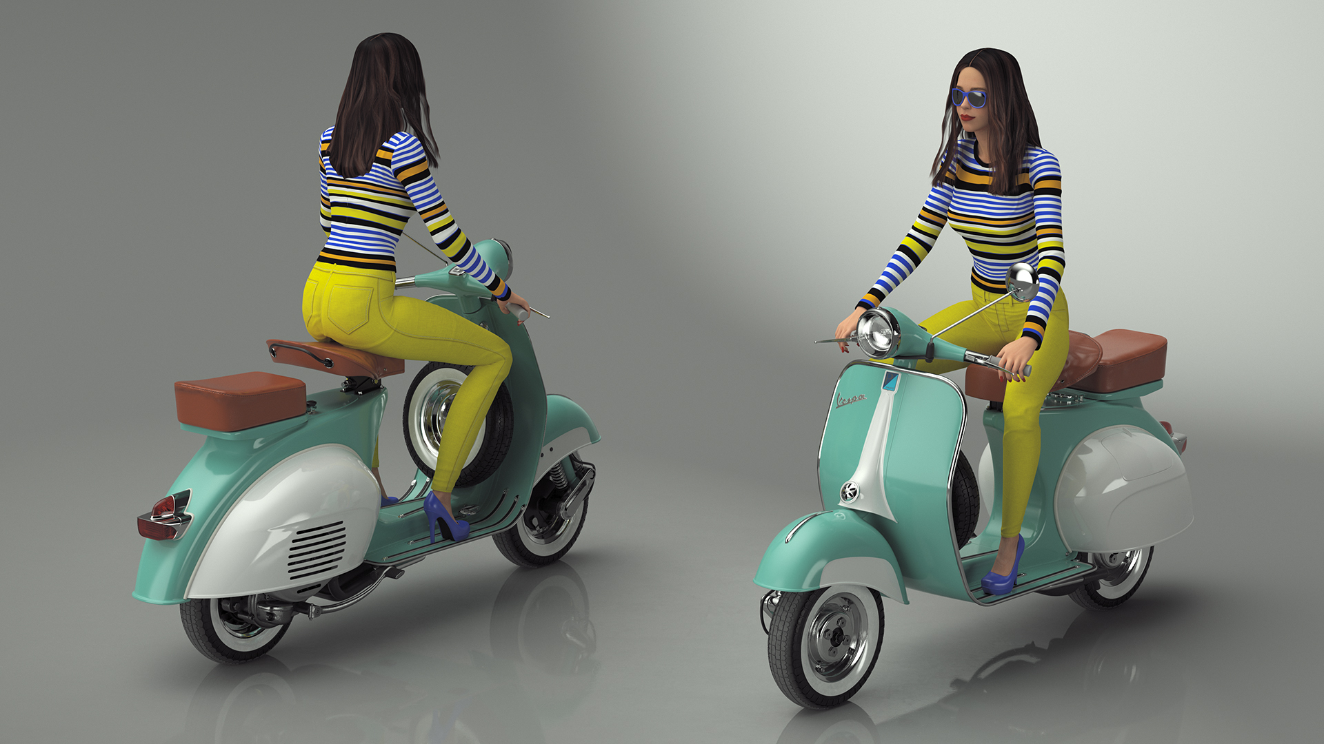 3D Woman Riding Vespa 125 Retro Scooter