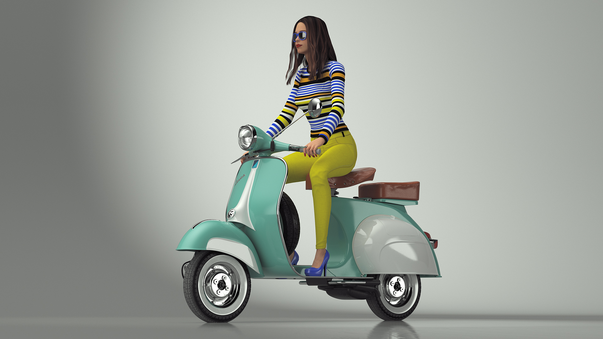 3D Woman Riding Vespa 125 Retro Scooter